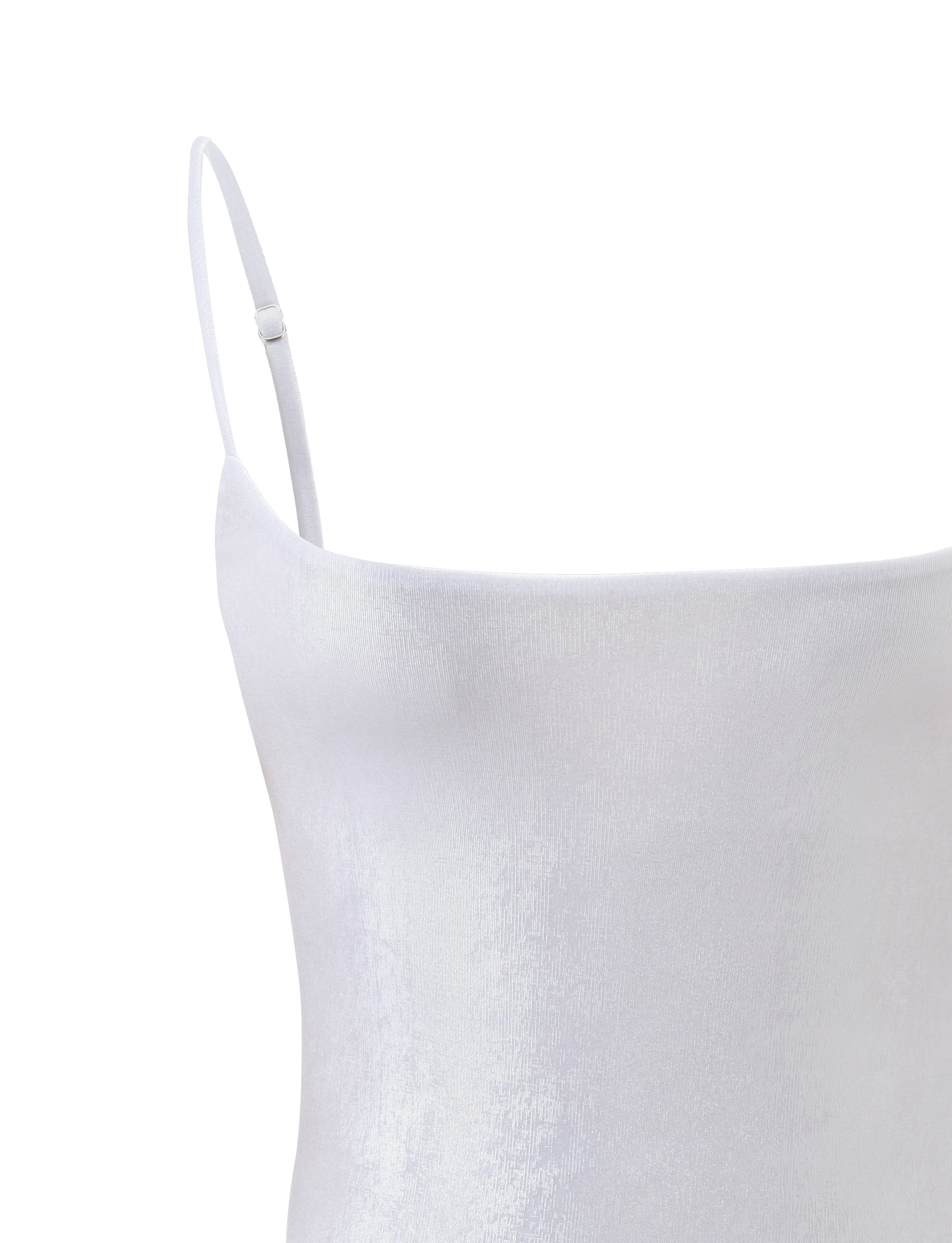 Close-up of the MINERVA BODYSUIT - PEARL by TIGERMIST, a minimalist white spaghetti strap bodysuit with a subtle sheen, straight neckline, and simple design set against a plain white background.