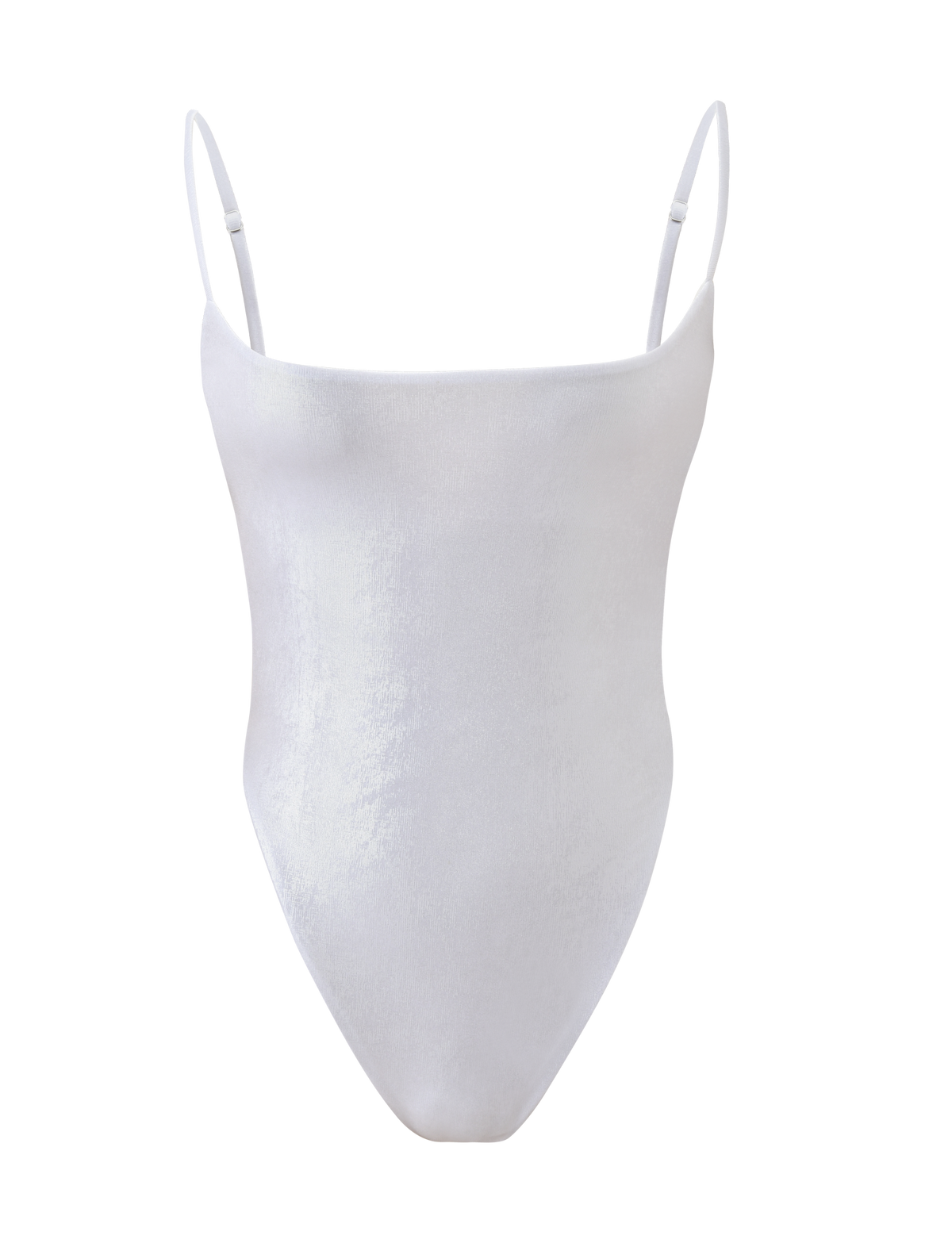 The MINERVA BODYSUIT - PEARL by TIGERMIST is a backless white velvet bodysuit with thin adjustable spaghetti straps, a straight neckline, and high-cut legs, shown on a plain white background.