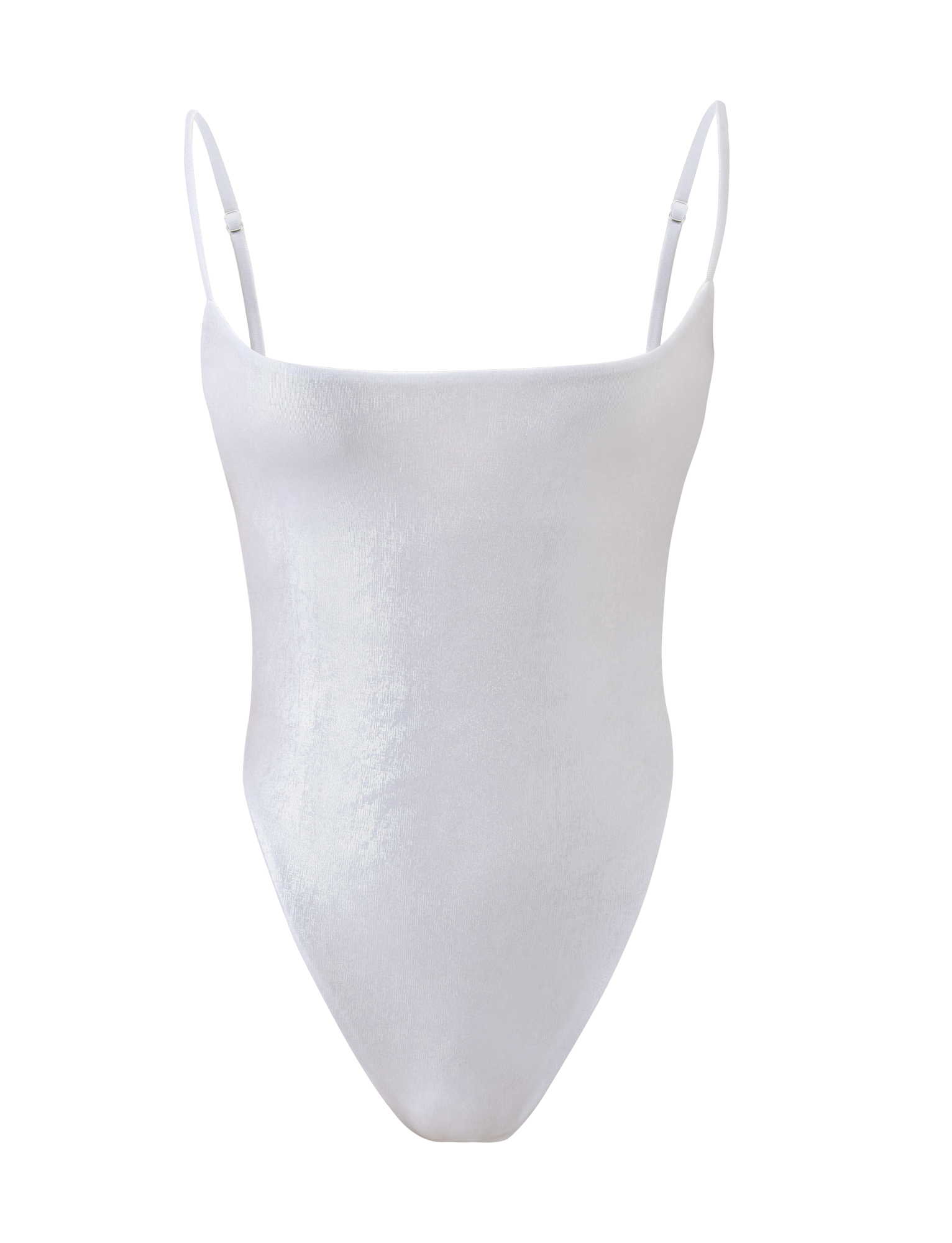 The MINERVA BODYSUIT - PEARL by TIGERMIST is a backless white velvet bodysuit with thin adjustable spaghetti straps, a straight neckline, and high-cut legs, shown on a plain white background.