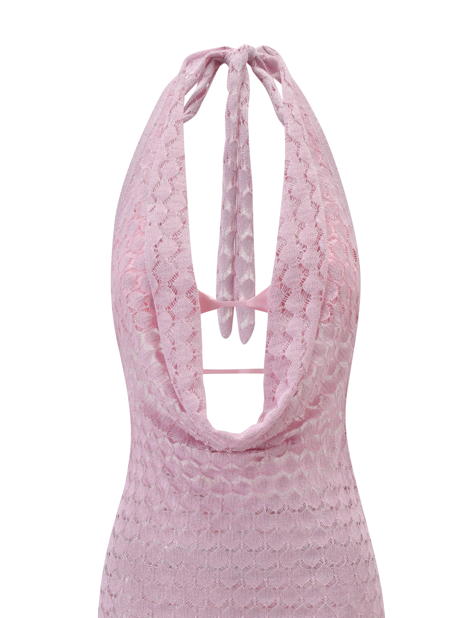 A close-up of the TIGERMIST MAKENZIE CROCHET MINI DRESS in Shimmer Pink, featuring a sleeveless halter neck, deep plunging neckline, open back with a neck tie, and two thin upper back straps.