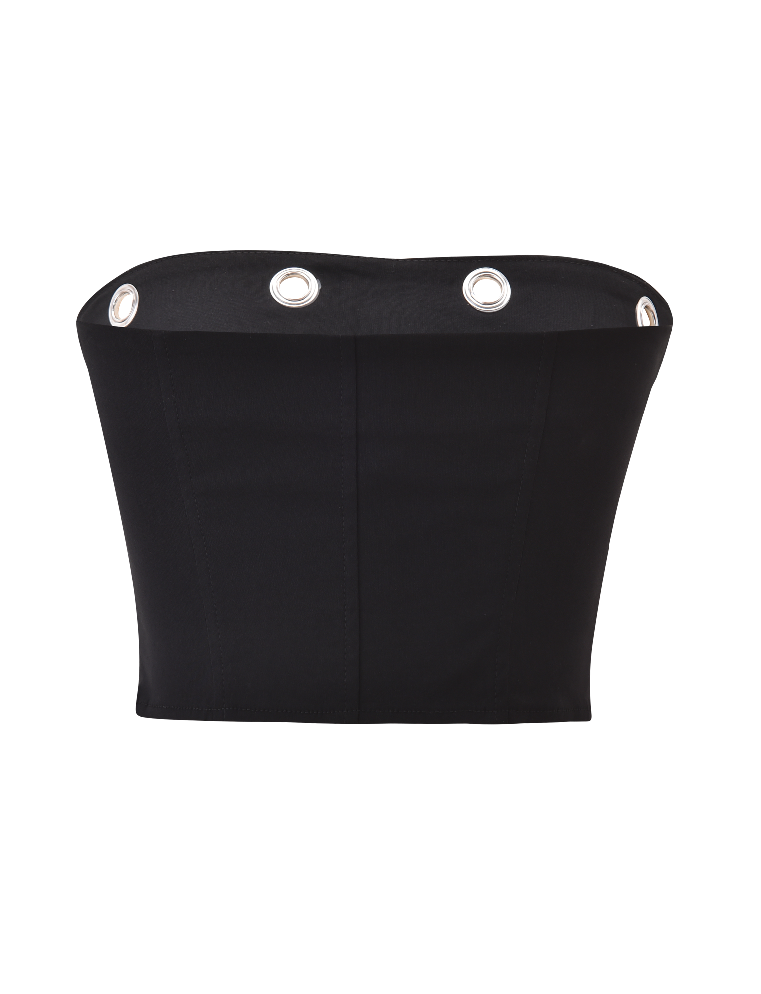 The TIGERMIST MARREN CORSET - BLACK is a strapless corset-style top featuring oversized silver eyelet grommets along the upper edge and subtle princess seams, shown against a plain white background.