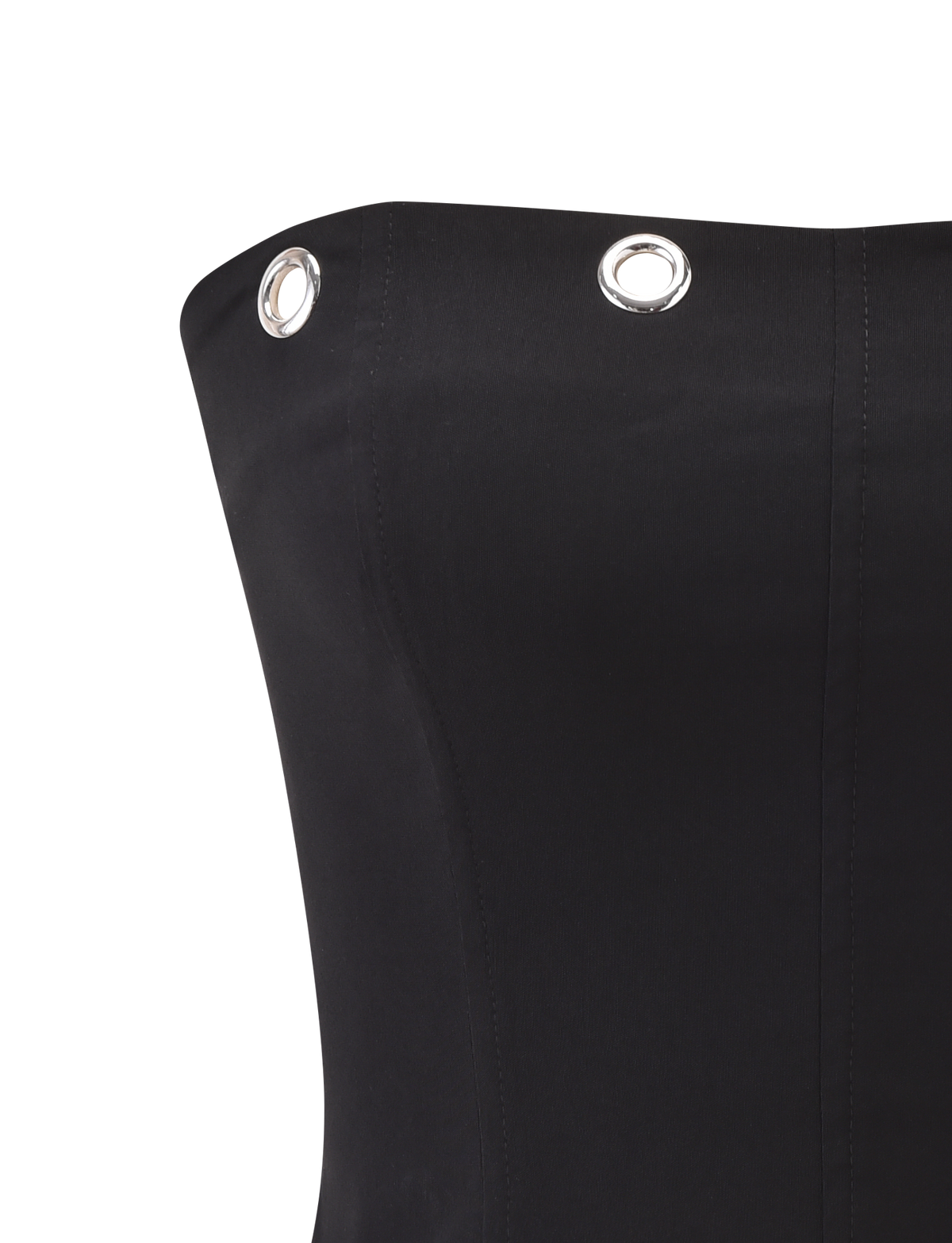 Close-up of the TIGERMIST MARREN CORSET - BLACK, a strapless corset with oversized silver eyelets along the top edge and subtle princess seams, displayed against a plain white background.