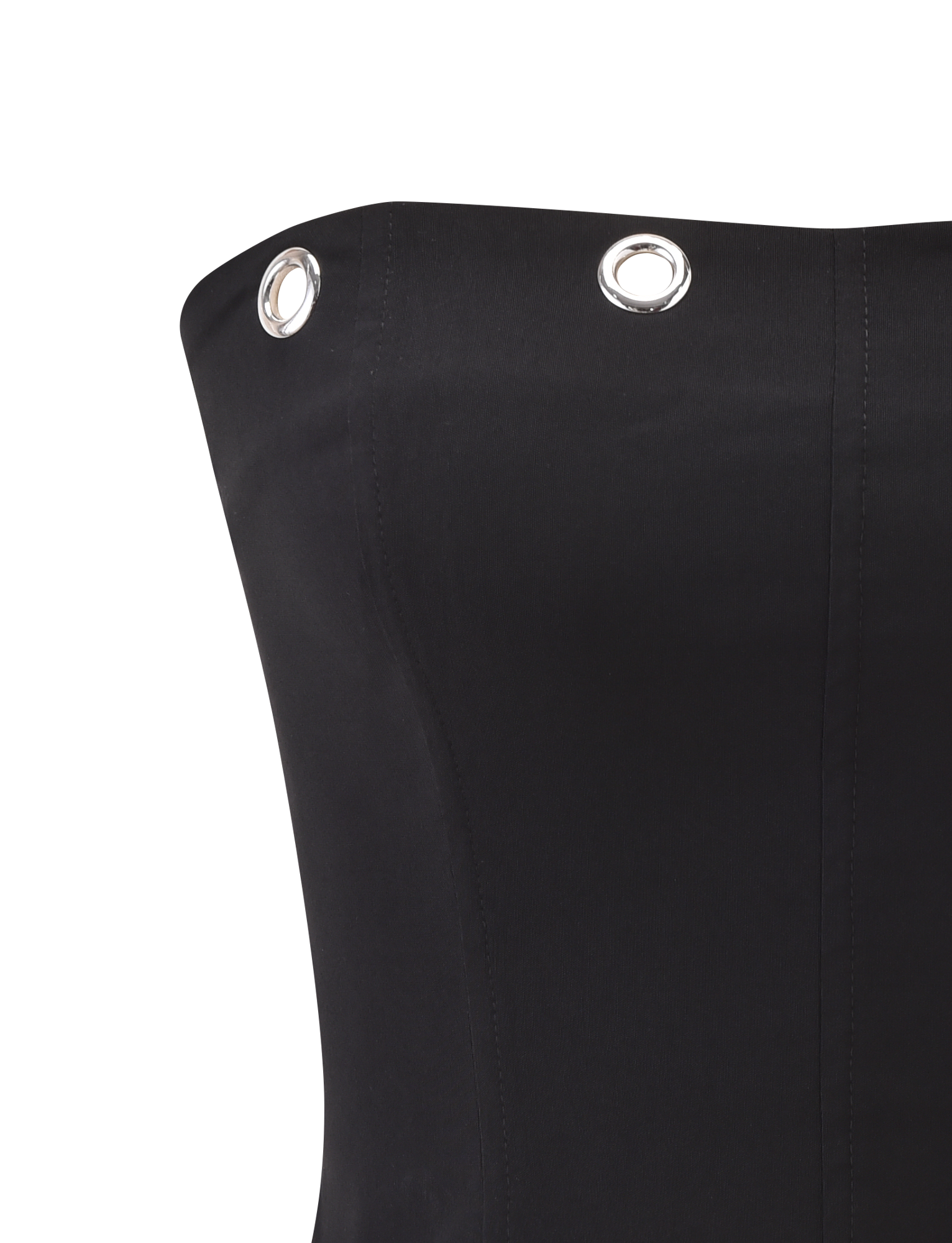 Close-up of the TIGERMIST MARREN CORSET - BLACK, a strapless corset with oversized silver eyelets along the top edge and subtle princess seams, displayed against a plain white background.