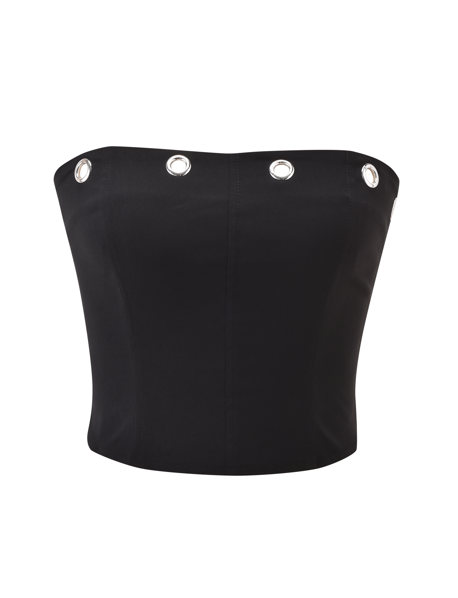 The MARREN CORSET - BLACK by TIGERMIST is a strapless black corset top with oversized silver eyelets along the top edge and subtle princess seams, shown against a plain white background.