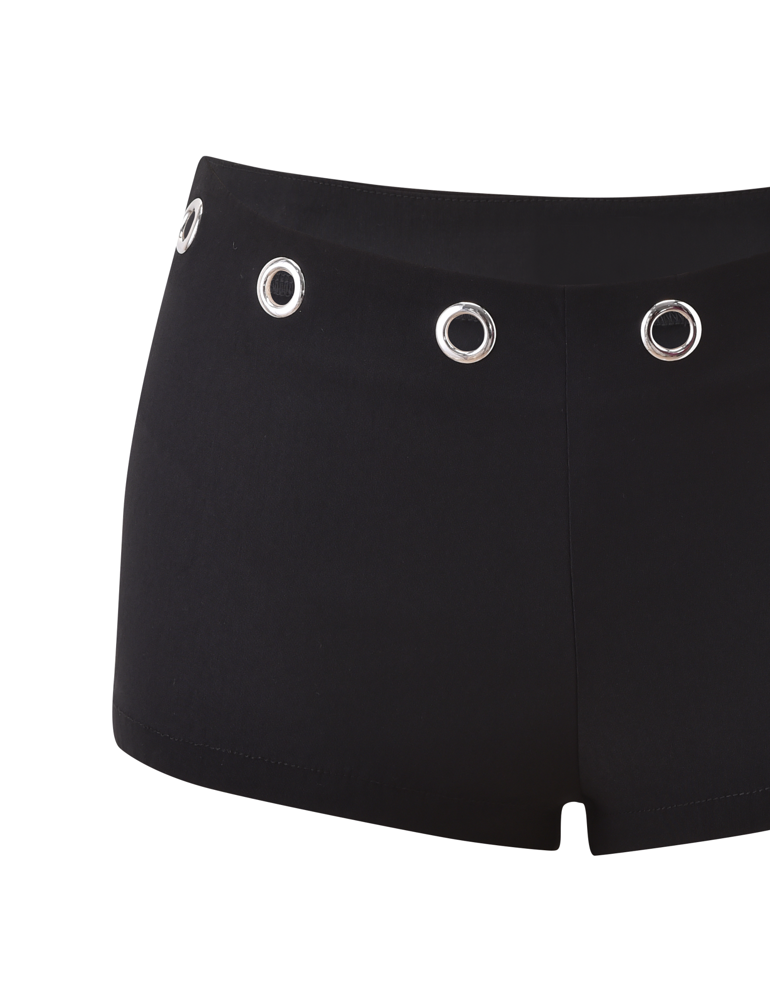 The MARREN SHORT - BLACK by TIGERMIST features large silver eyelet details along the waistband, drawing inspiration from the signature Marren Corset style and is displayed against a white background.