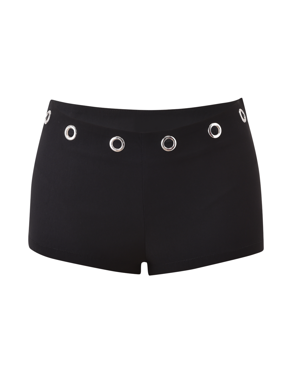 The MARREN SHORT - BLACK by TIGERMIST is a high-waisted black mini short with striking silver eyelets on the waistband, inspired by the Marren Corset style, shown against a white background.