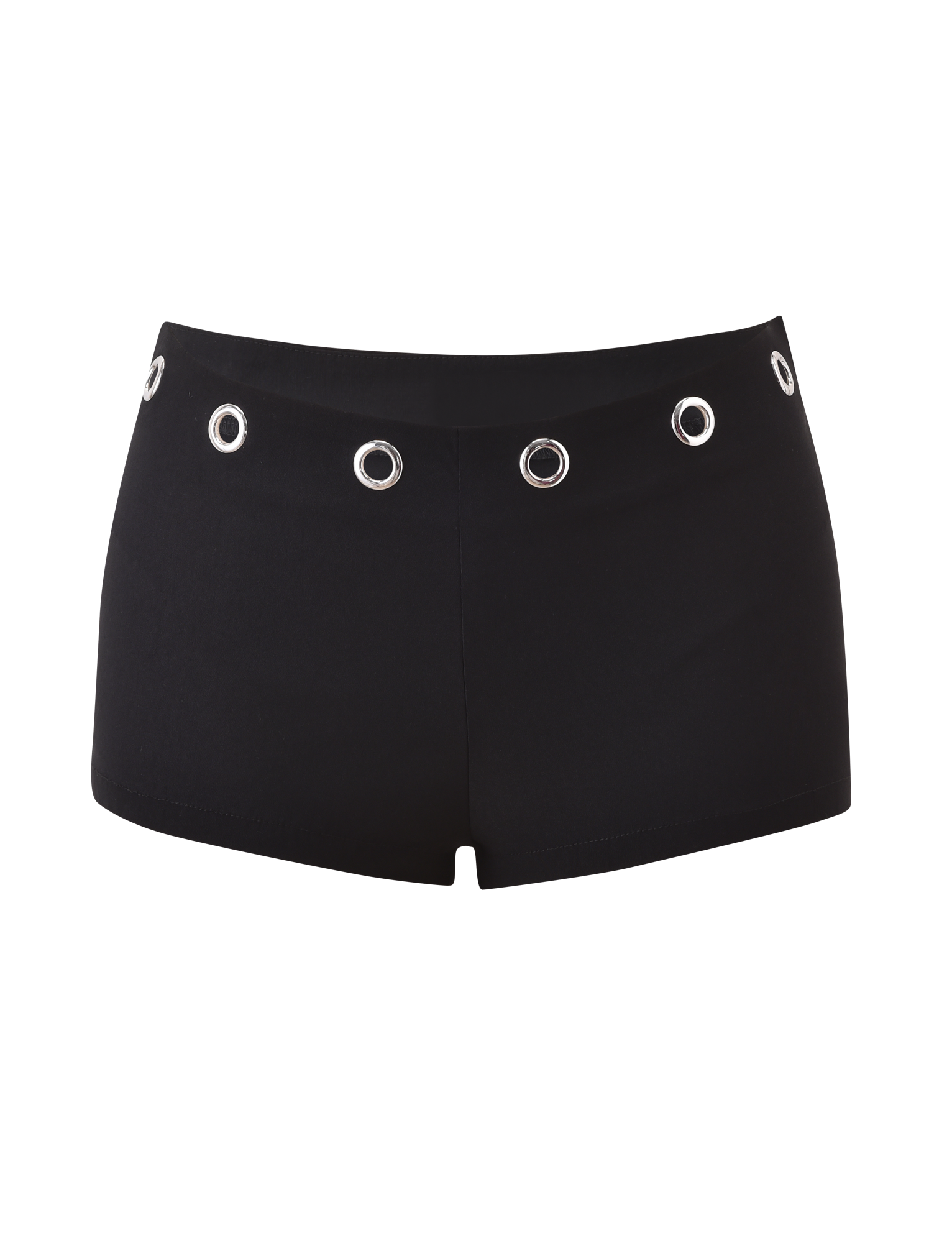 The MARREN SHORT - BLACK by TIGERMIST is a high-waisted black mini short with striking silver eyelets on the waistband, inspired by the Marren Corset style, shown against a white background.