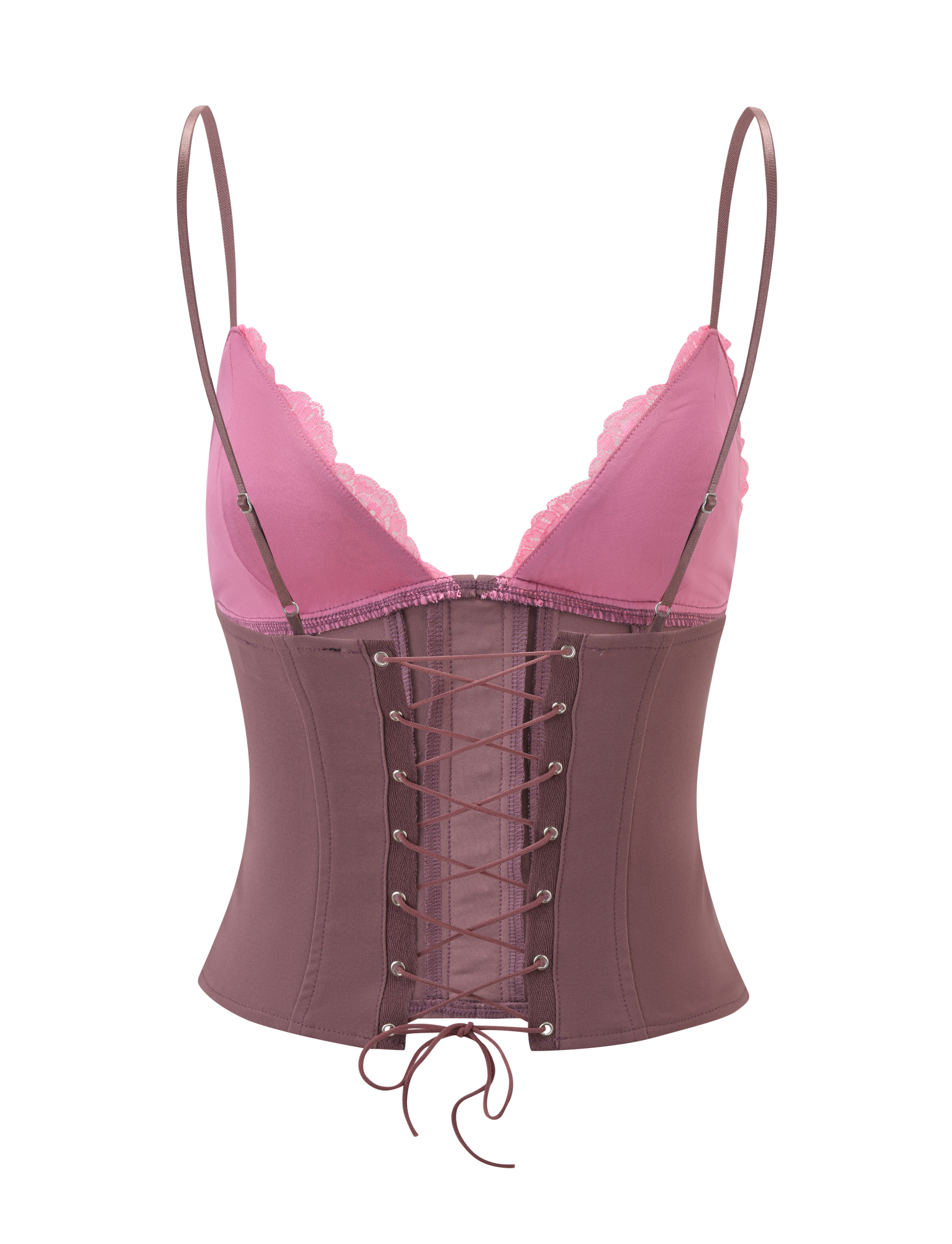 The TIGERMIST MARGARITA LACE TRIANGLE CORSET in brown features adjustable straps, delicate lace trim on the bust, and a central lace-up design with eyelets down the front, tied at the bottom.