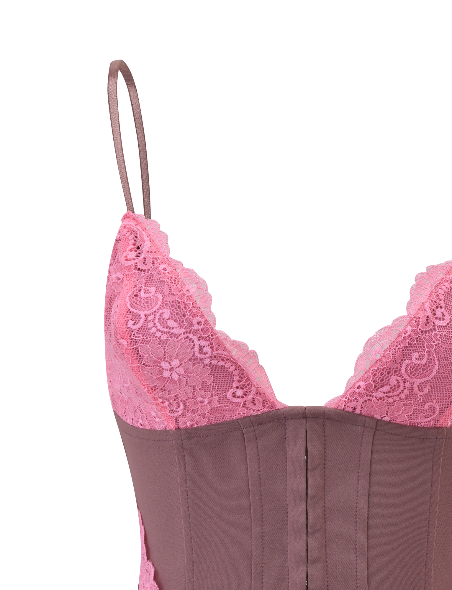 Close-up of TIGERMIST’s MARGARITA LACE TRIANGLE CORSET in brown, showcasing a floral lace bodice with thin straps and a corset-style section, set against a plain white background.