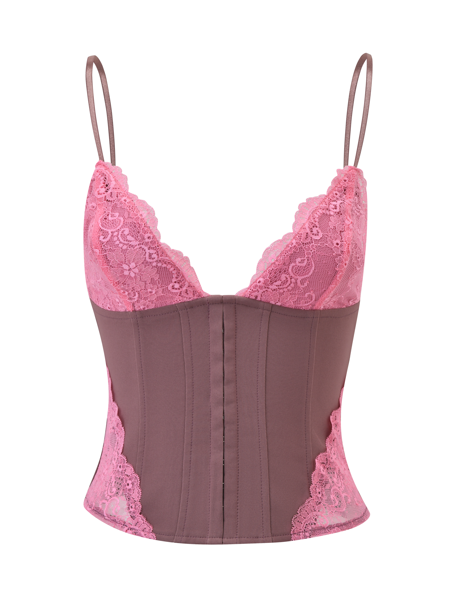 The MARGARITA LACE TRIANGLE CORSET by TIGERMIST is a brown corset top featuring adjustable straps and pink lace detailing on the bust and sides, shown against a plain white background.