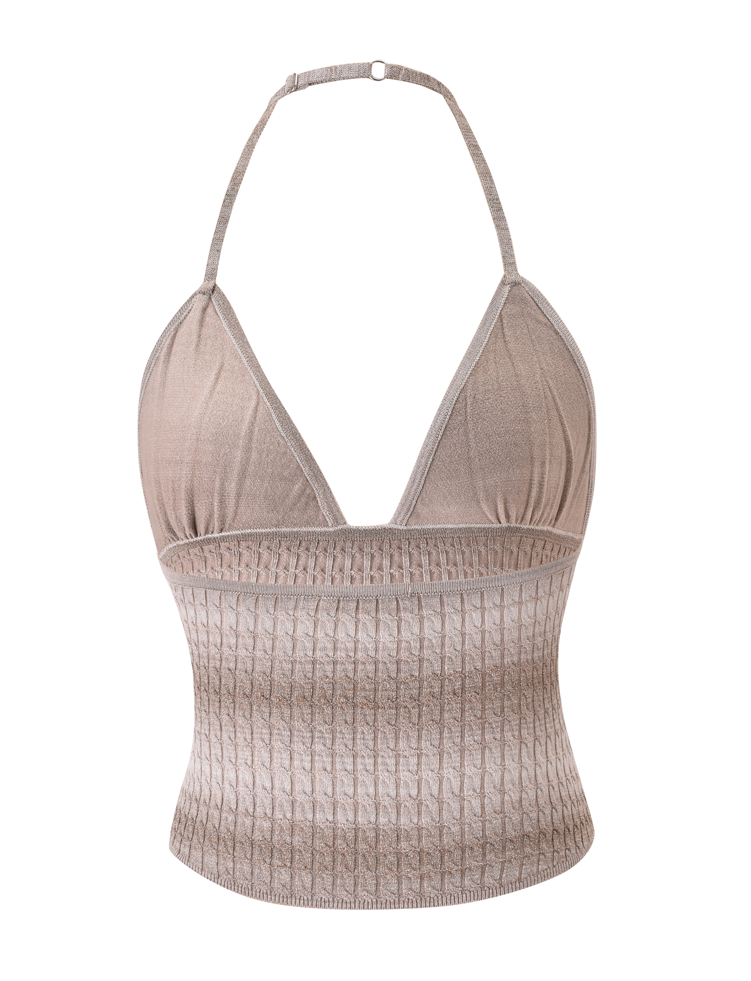 The MARISSA KNIT CAMI by TIGERMIST is a sleeveless taupe ombre stripe top featuring a halter neck with a deep V-neckline, ribbed texture from bust to waist, and an open back secured by a thin neck strap.