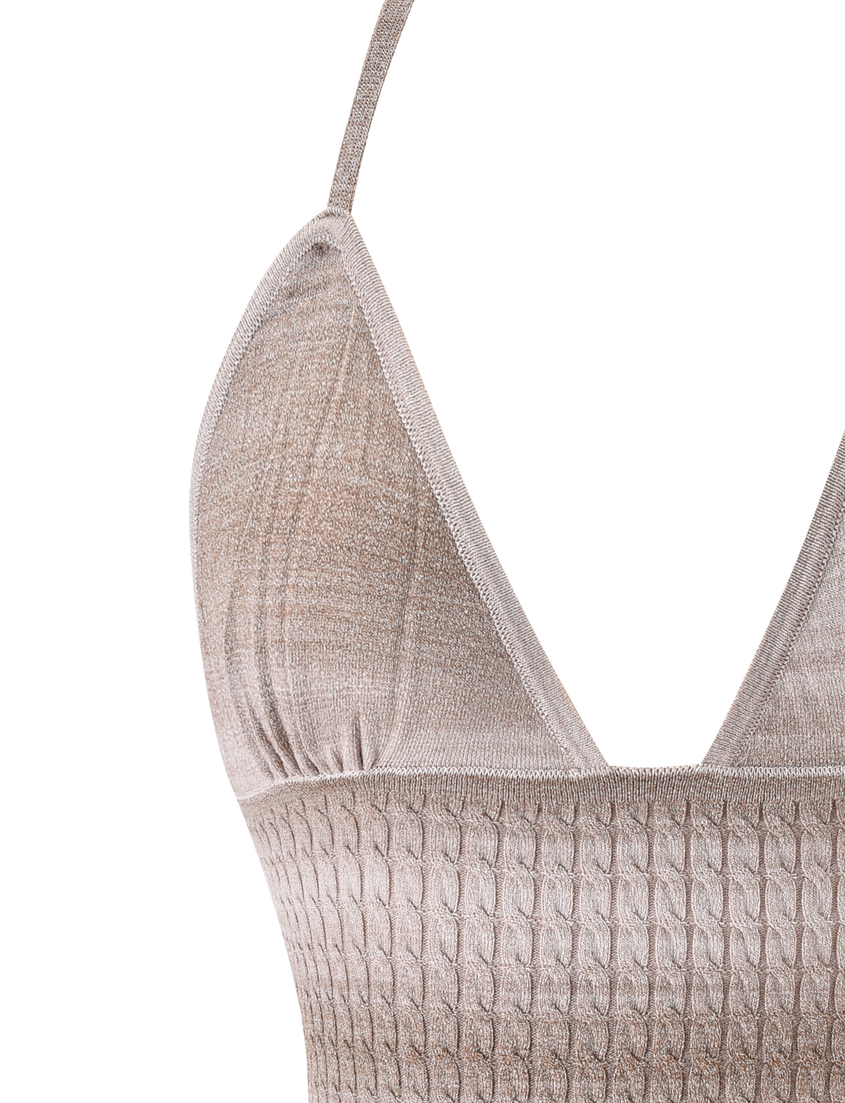 Close-up of the TIGERMIST MARISSA KNIT CAMI in taupe ombre stripe, featuring spaghetti straps and a textured cable design on the lower portion, set against a plain white background.