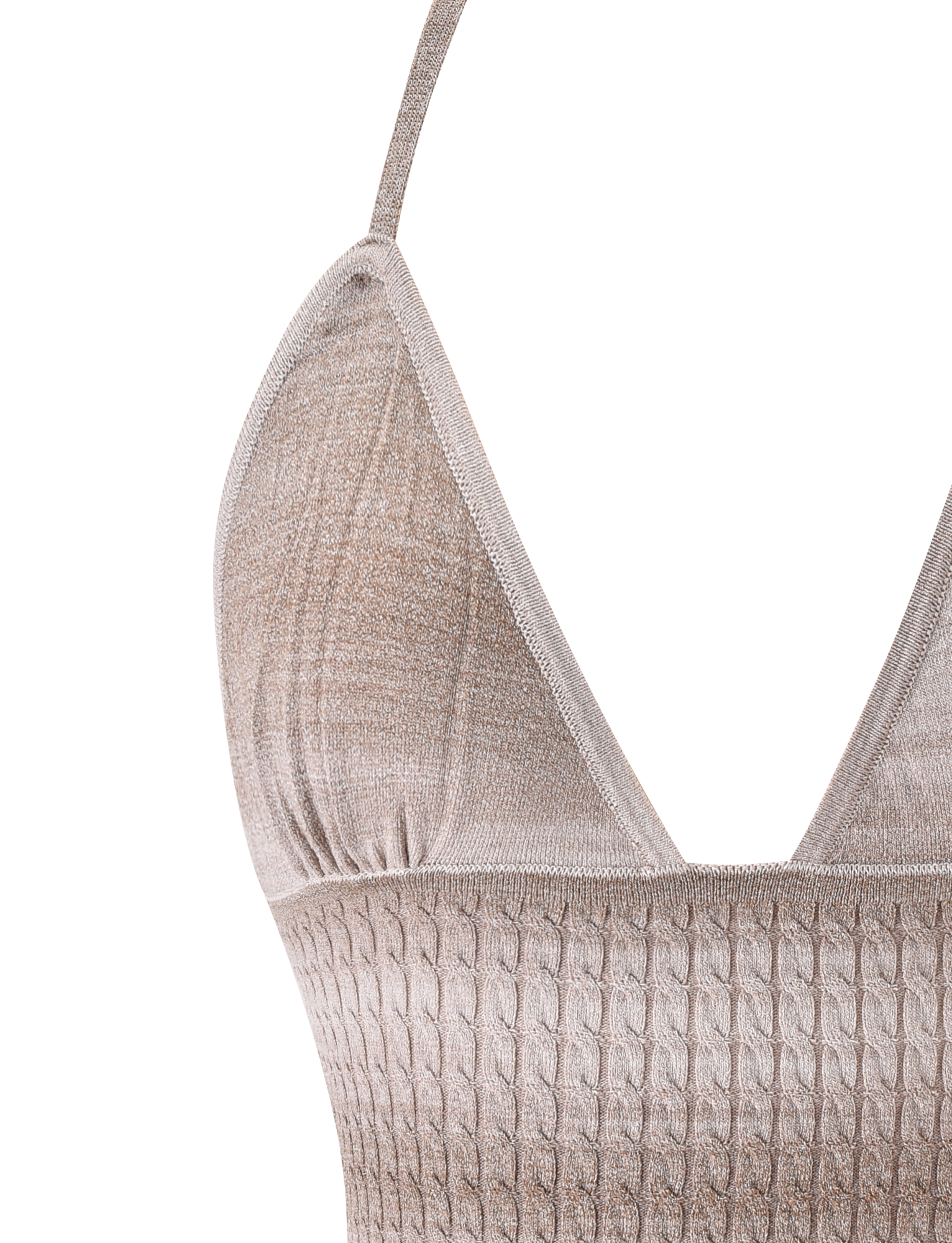 Close-up of the TIGERMIST MARISSA KNIT CAMI in taupe ombre stripe, featuring spaghetti straps and a textured cable design on the lower portion, set against a plain white background.
