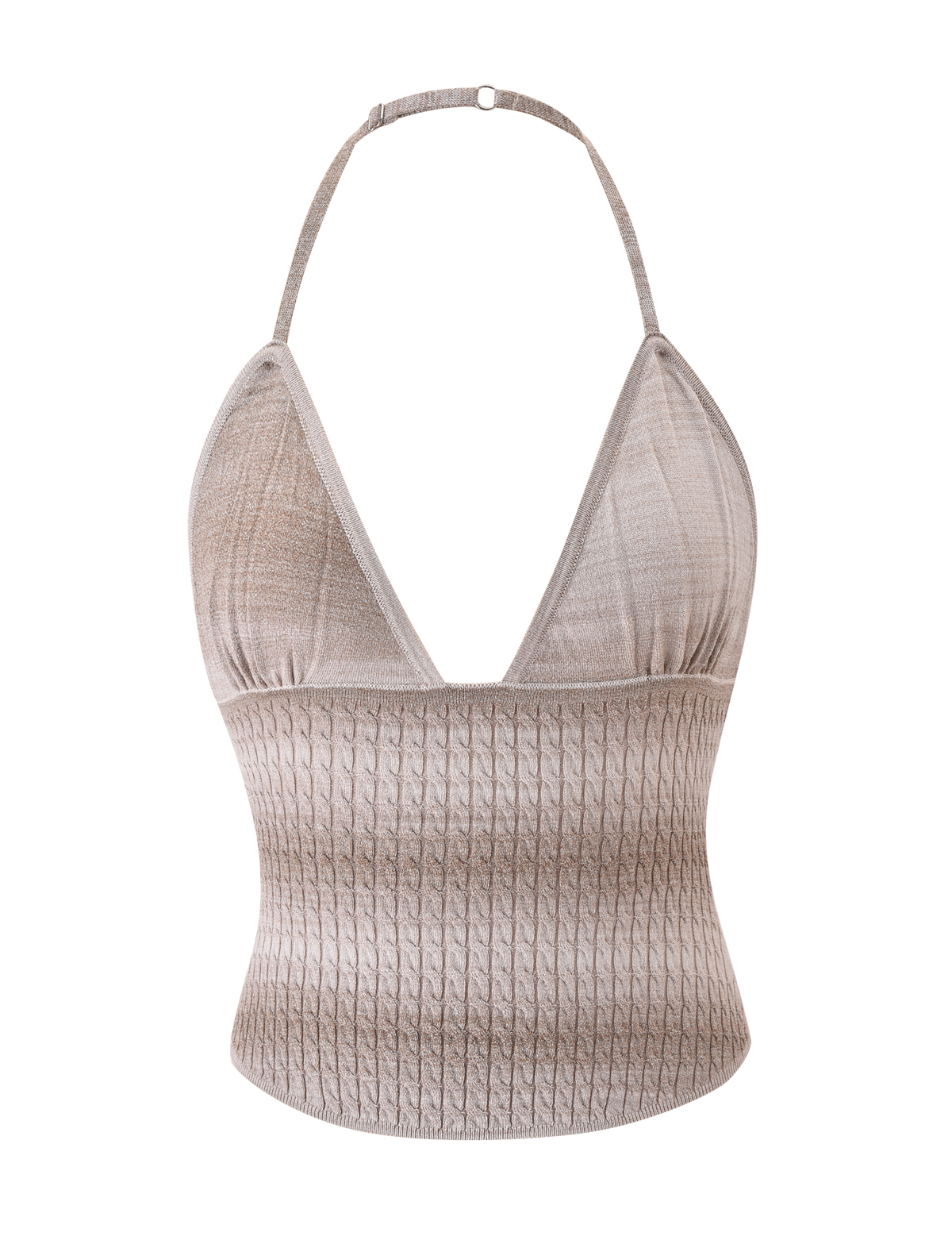 The MARISSA KNIT CAMI by TIGERMIST features a taupe ombre stripe, sleeveless design, halter neck, deep V-neckline, and fitted ribbed bodice, shown against a plain white background.