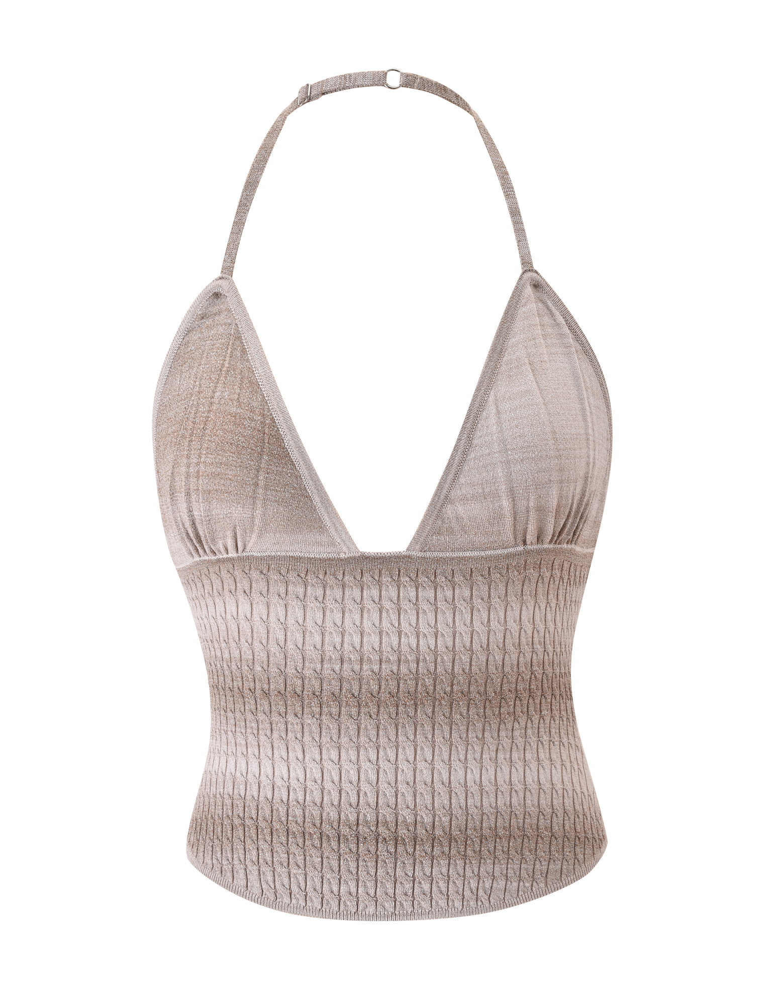The MARISSA KNIT CAMI by TIGERMIST features a taupe ombre stripe, sleeveless design, halter neck, deep V-neckline, and fitted ribbed bodice, shown against a plain white background.