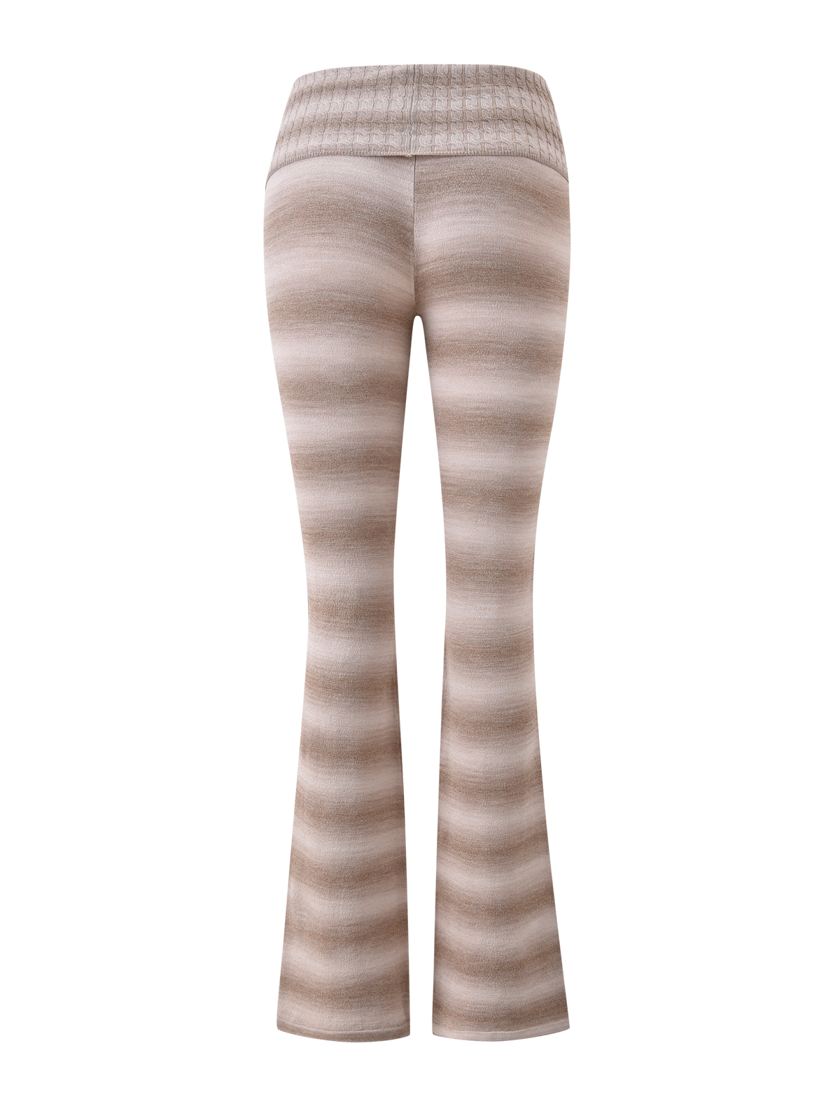 The MARISSA FOLDOVER KNIT PANT - TAUPE OMBRE STRIPE by TIGERMIST features beige and light brown stripes, a flared leg, and a wide ribbed foldover waistband, shown from the back on a plain white background.