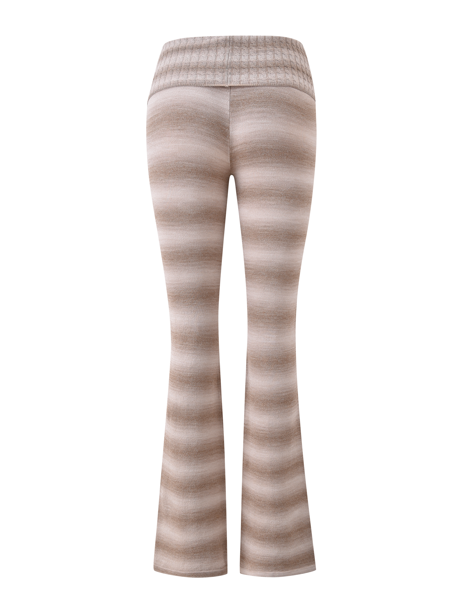 The MARISSA FOLDOVER KNIT PANT - TAUPE OMBRE STRIPE by TIGERMIST features beige and light brown stripes, a flared leg, and a wide ribbed foldover waistband, shown from the back on a plain white background.