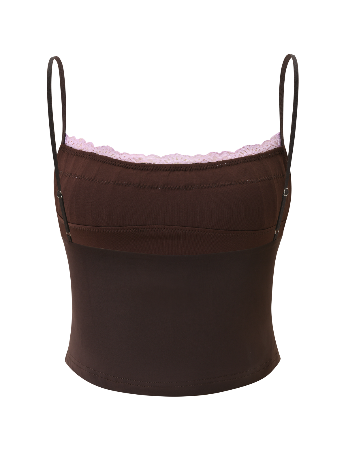 The TIGERMIST PARISA LACE RUCHED CAMI in brown and lilac features thin adjustable straps and light pink lace along the neckline, shown against a plain white background.