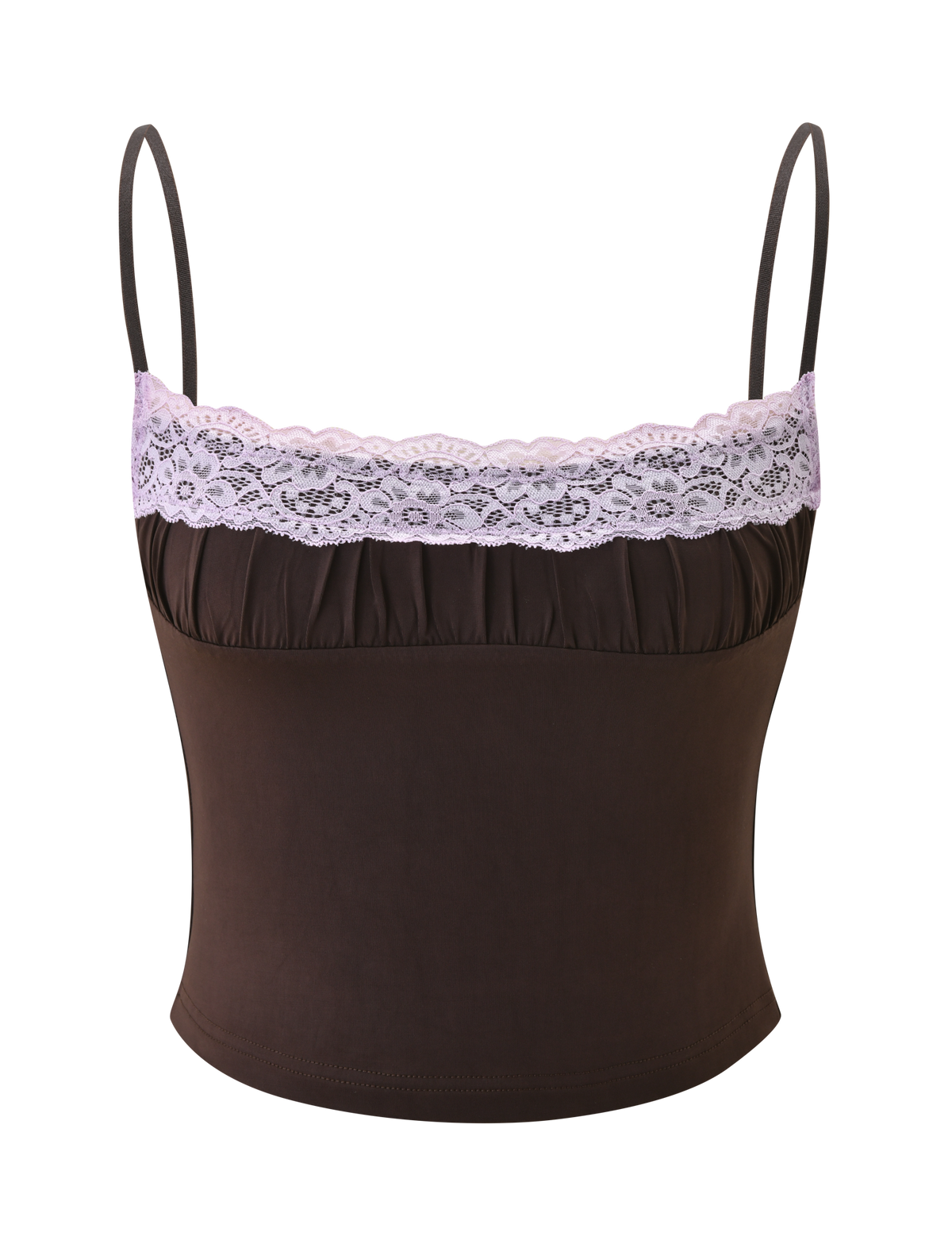 The PARISA LACE RUCHED CAMI by TIGERMIST features a brown design with adjustable straps and lilac lace trim along the neckline, shown against a plain white background.