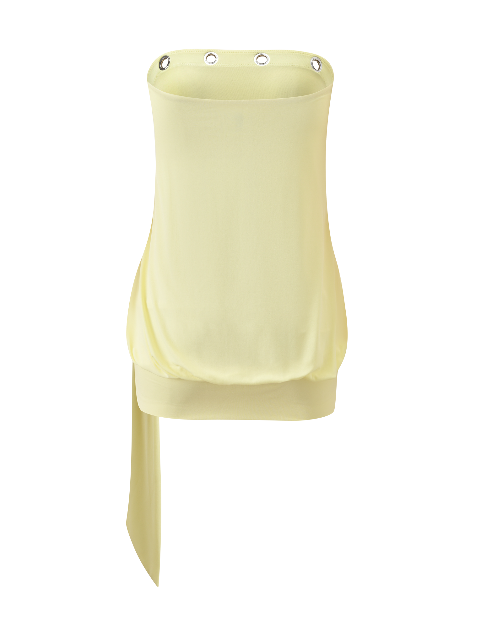 The TIGERMIST RAVENNA MINI DRESS in butter yellow is strapless, features a fitted waistband, silver eyelet trim on the top edge, and an asymmetrical side drape.