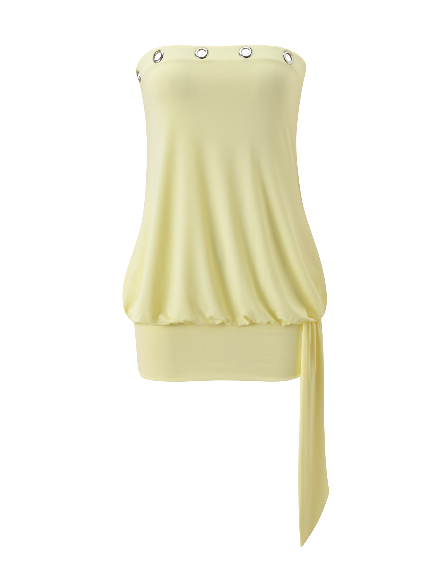 The TIGERMIST RAVENNA MINI DRESS in butter yellow is a strapless, loose-fit mini with silver eyelet trim at the top and a long sash detail on one side. Photographed against a plain white background.