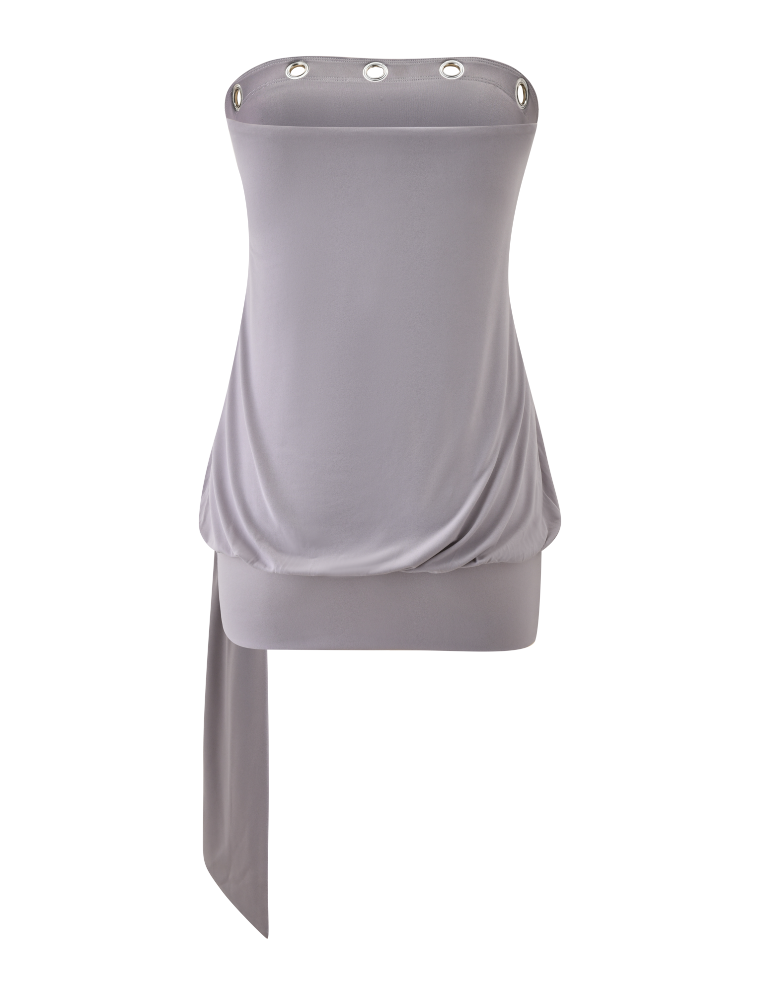 The TIGERMIST RAVENNA MINI DRESS in Cool Slate is a strapless mini dress featuring silver eyelet trim at the neckline, draped hem detailing, and an asymmetric long sash on one side.