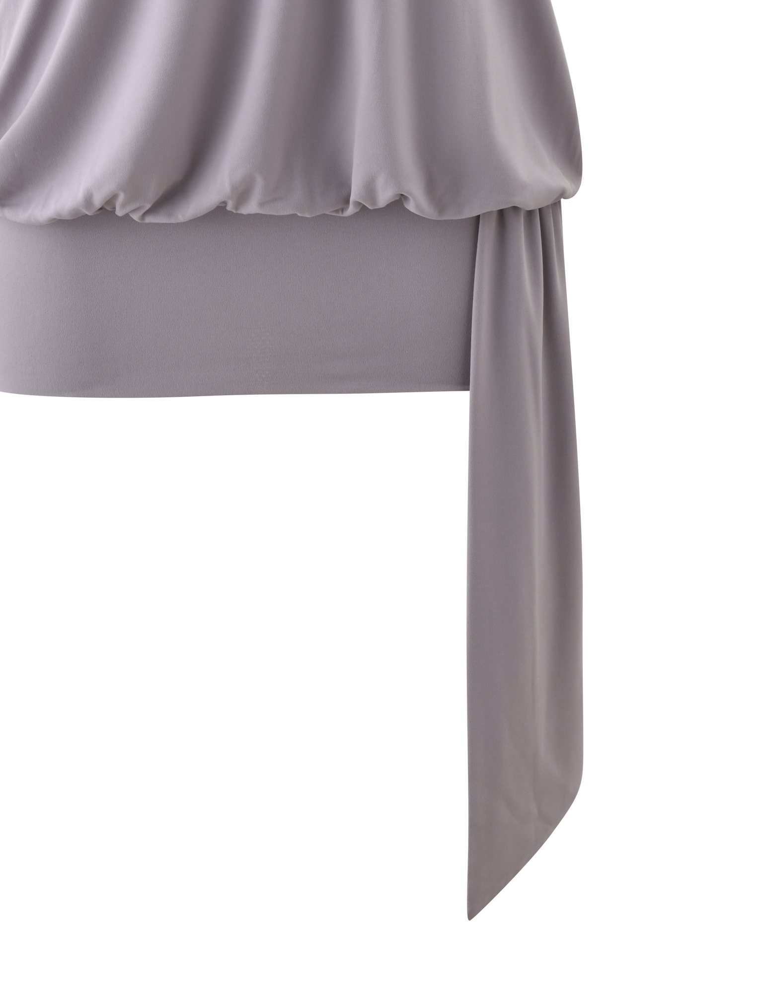 A close-up of the TIGERMIST RAVENNA MINI DRESS in Cool Slate, featuring gathered, draped fabric with silver eyelet trim and a long, loose sash, set against a white background.