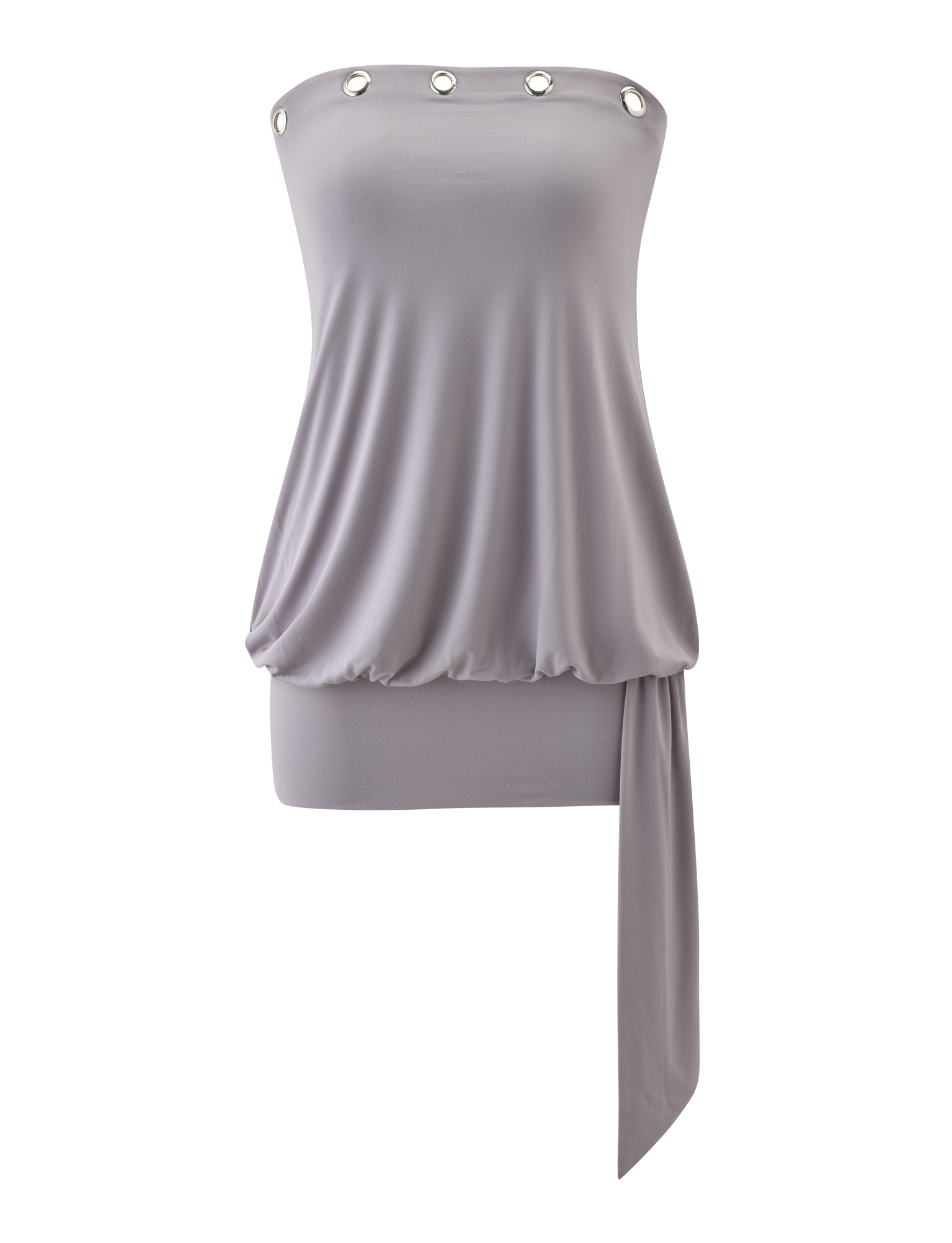 The RAVENNA MINI DRESS by TIGERMIST features a strapless cool slate design with silver eyelet trim at the neckline and an asymmetrical draped fabric detail on the right side.