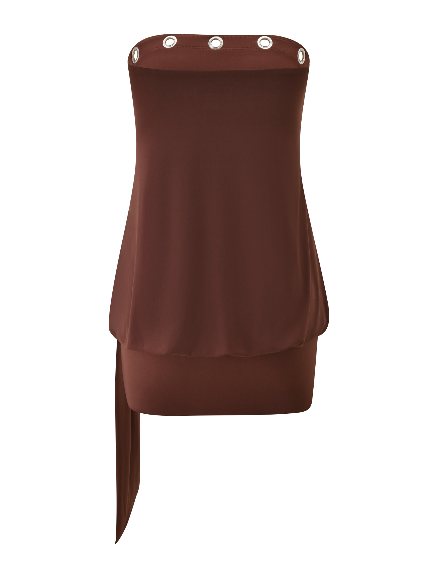 The RAVENNA DRESS - MILK CHOCOLATE by TIGERMIST is a strapless, bodycon mini dress with a drop waist skirt, silver eyelet trim on the top edge, and an asymmetrical draped panel.