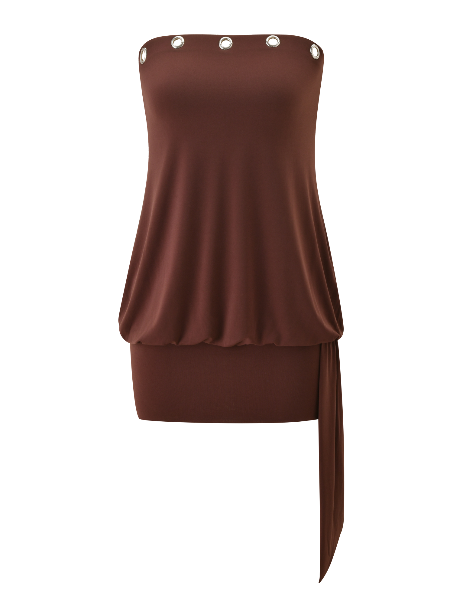 The RAVENNA DRESS - MILK CHOCOLATE by TIGERMIST is a strapless mini dress with a loose draped top, silver eyelet trim at the neckline, an asymmetrical sash, and a bodycon drop waist mini skirt.