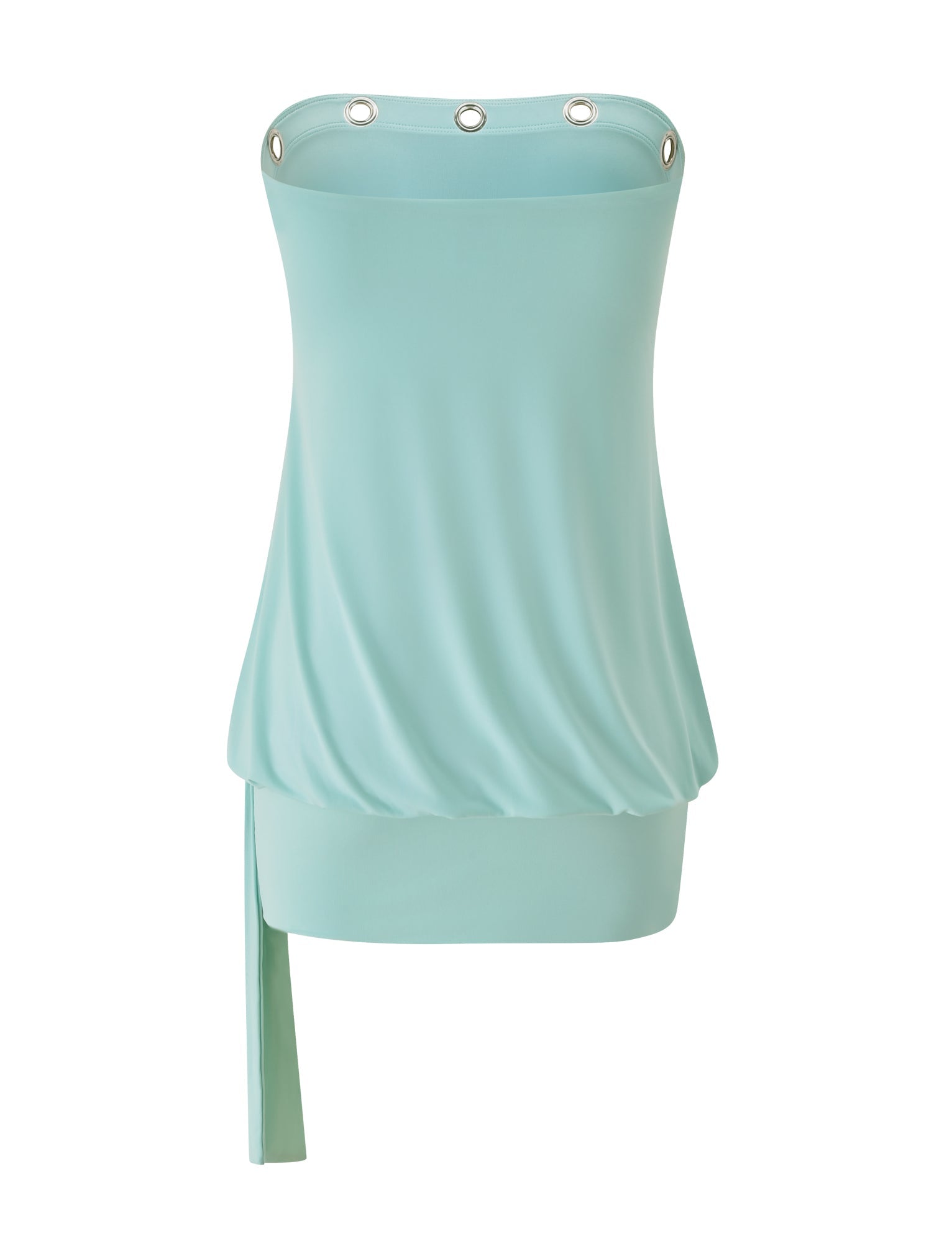 The RAVENNA MINI DRESS by TIGERMIST features a mint hue and a strapless design with silver grommets detailing the neckline. Its asymmetrical, draped hem showcases a single hanging fabric strip on one side—making it the perfect statement piece to style for your next night out.