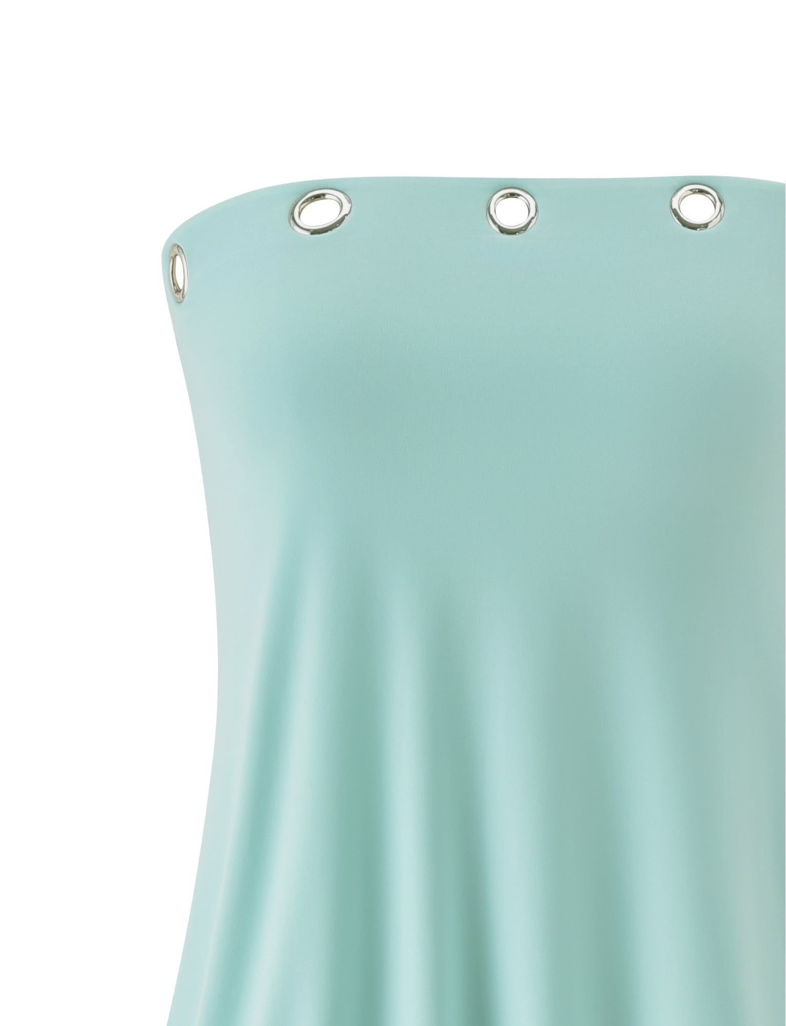 The RAVENNA MINI DRESS - MINT by TIGERMIST is a light blue strapless bodycon mini dress, highlighted by silver grommet details along the top edge, and is shown against a white background.