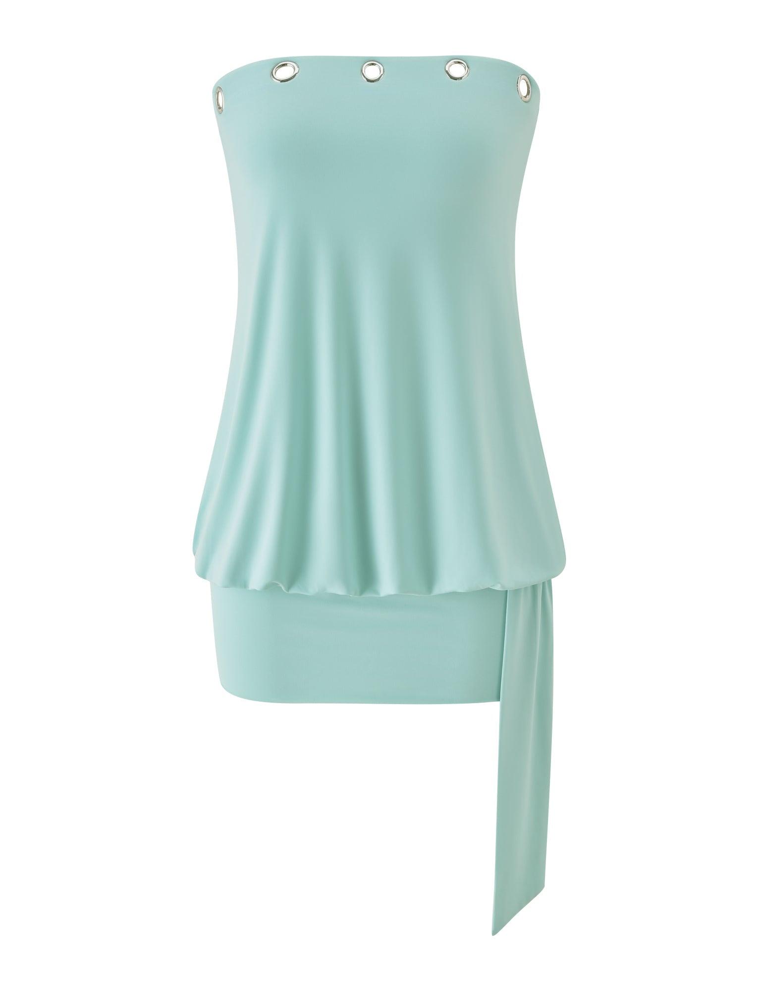 Discover the RAVENNA MINI DRESS in Mint from TIGERMIST—a light blue, strapless mini dress featuring silver eyelets along the neckline, a loose draped fit, and a sash detail that cascades from the hip. Effortlessly stylish, it’s perfect for pairing with your favorite bodycon mini skirt for a chic look.