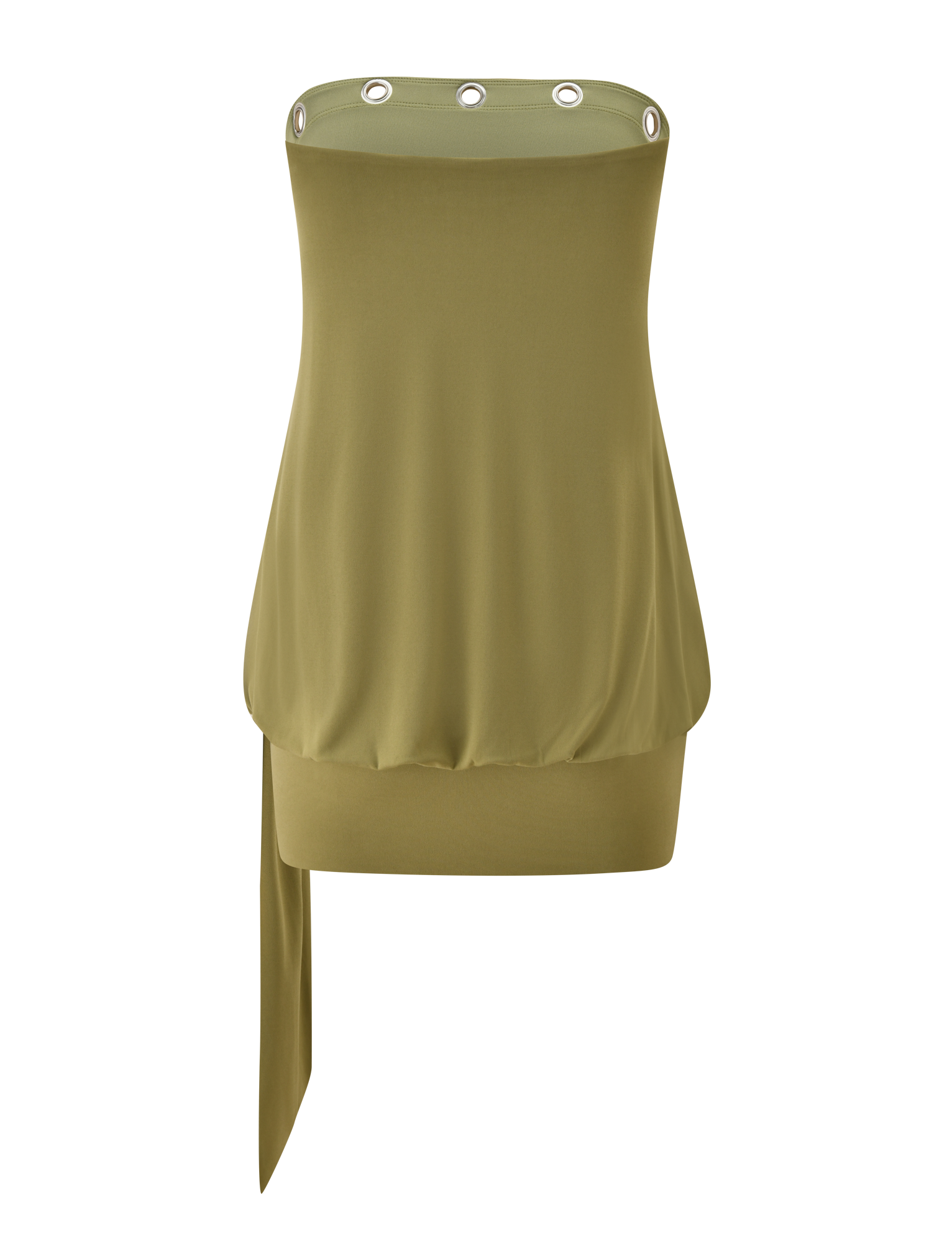 The RAVENNA DRESS - OLIVE by TIGERMIST is a strapless mini dress featuring a fitted bottom band, silver grommet accents on the neckline, and a long side drape for a blouson silhouette.