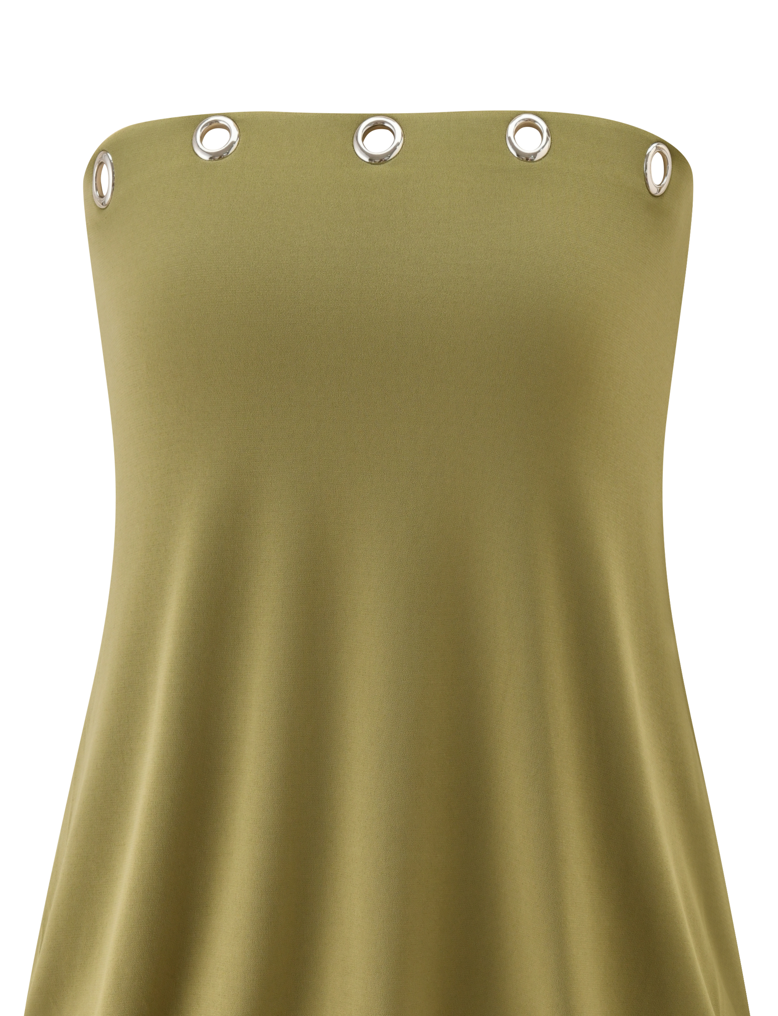 The TIGERMIST RAVENNA DRESS in olive is a strapless mini with silver grommet eyelets along the top edge, featuring a blouson silhouette and bodycon drop waist skirt, shown on a plain white background.