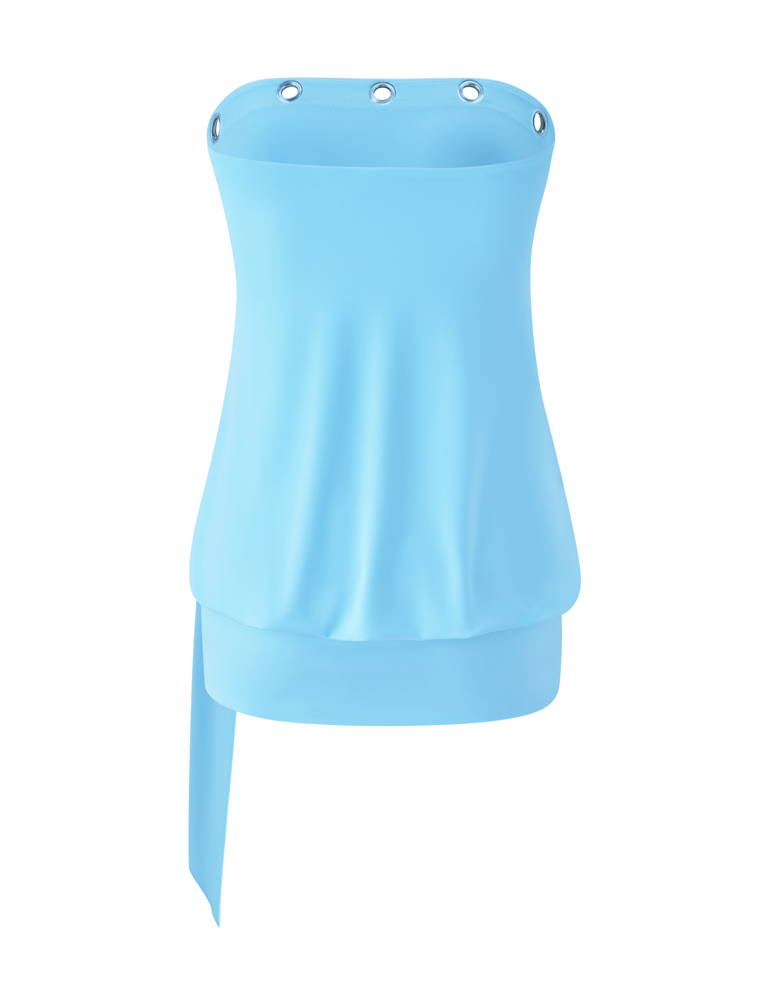 The RAVENNA MINI DRESS in sky blue from TIGERMIST features a strapless, bodycon design with silver grommets on the top edge, an asymmetrical sash at the hem, and soft, slightly stretchy fabric for a playful drop waist look.
