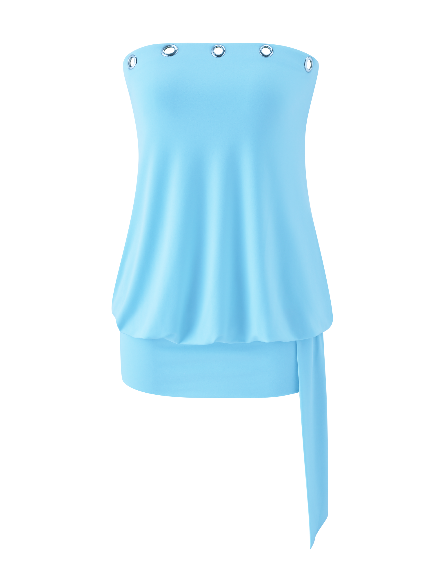 The RAVENNA MINI DRESS in sky blue by TIGERMIST features a strapless, loose draped fit, silver eyelet accents at the neckline, a wide hem band with long side tie, and is shown on a plain white background.