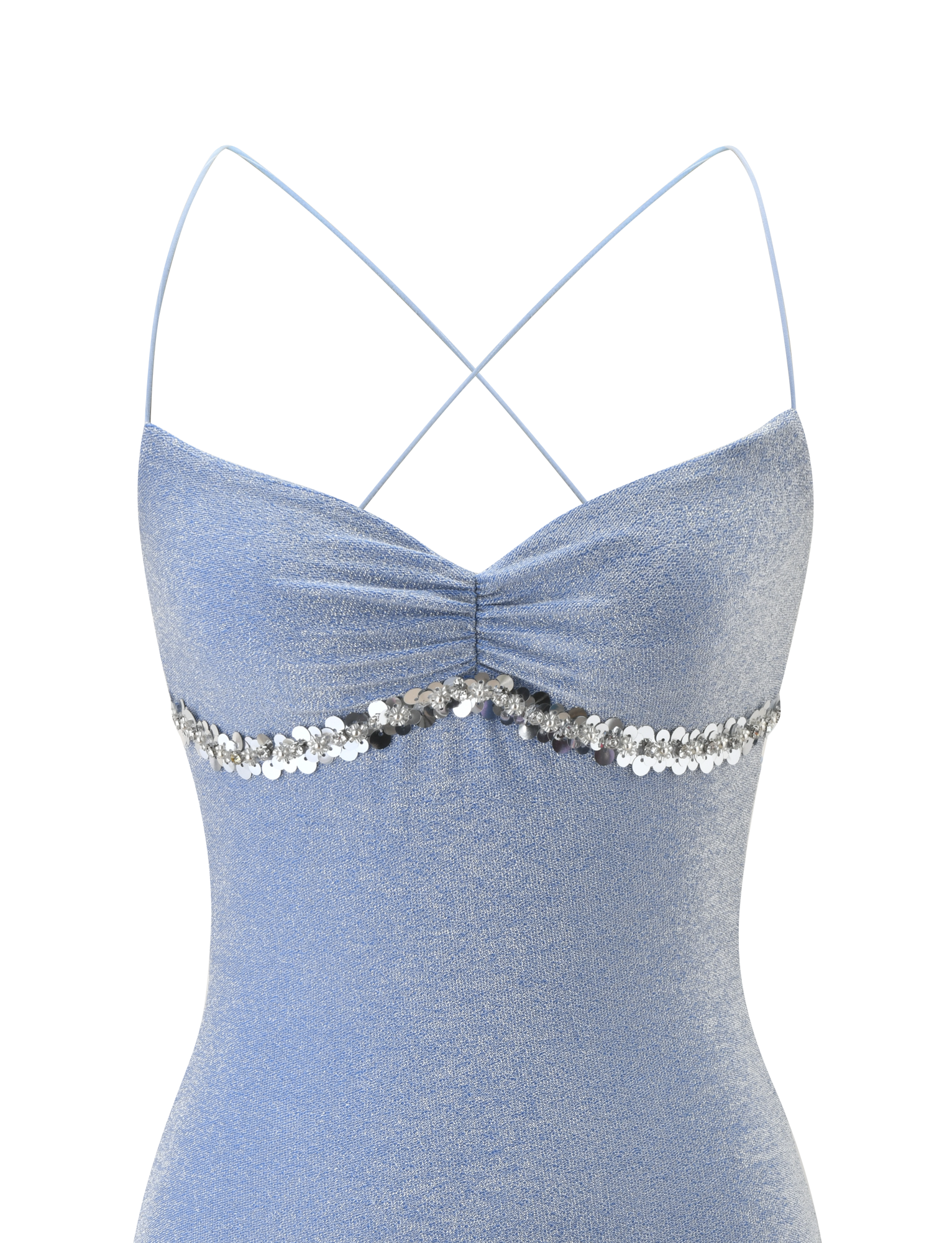 The ALIA MINI DRESS - BLUE by TIGERMIST features thin spaghetti straps that crisscross at the back and a shimmering row of silver sequins across the bust.