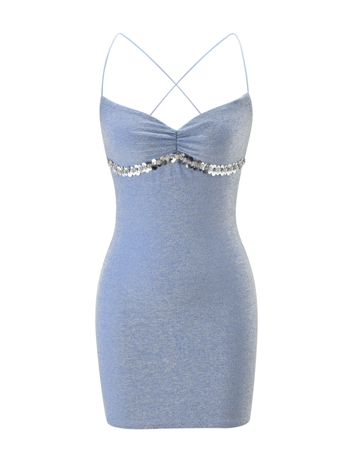 The ALIA MINI DRESS by TIGERMIST is a form-fitting, sleeveless blue mini dress featuring thin crisscross spaghetti straps, a ruched bust, and a sparkling row of silver sequins below the bustline.