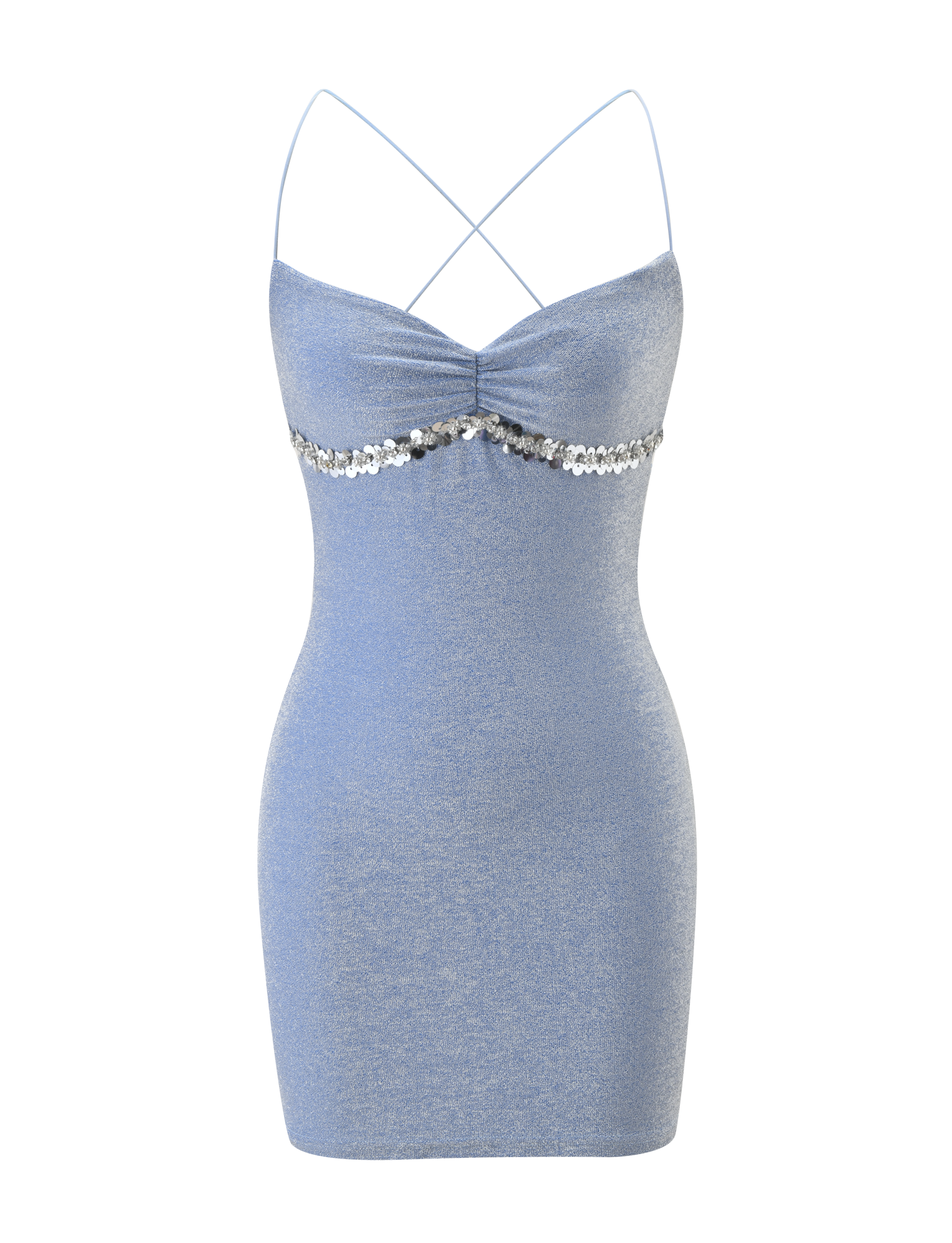 The ALIA MINI DRESS by TIGERMIST is a form-fitting, sleeveless blue mini dress featuring thin crisscross spaghetti straps, a ruched bust, and a sparkling row of silver sequins below the bustline.