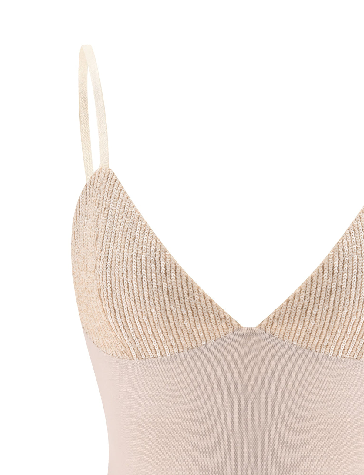 Close-up of the SYLA TOP - OAT by TIGERMIST, showcasing knit textured cups and sheer fabric below with thin adjustable shoulder straps—an essential addition to your summer wardrobe.