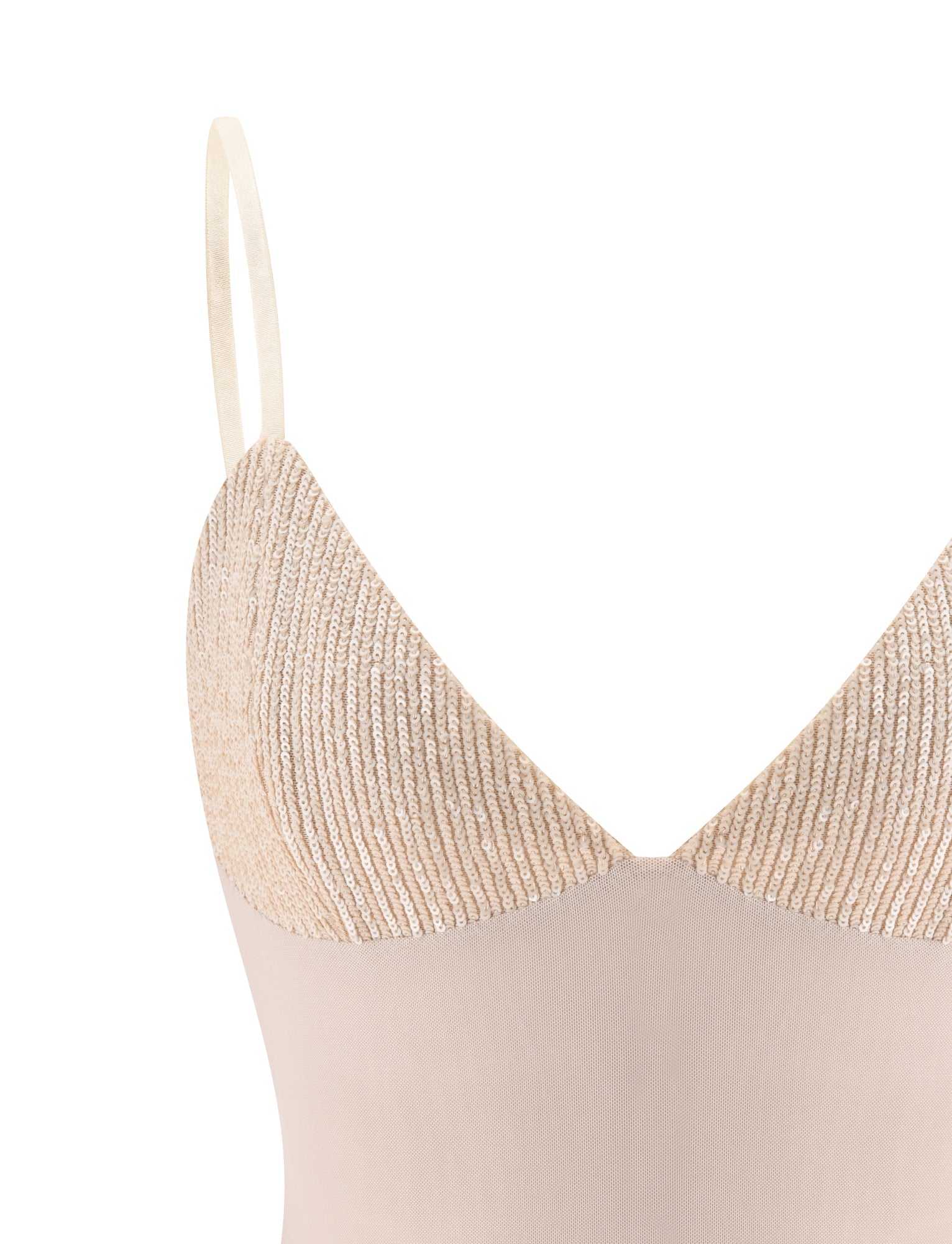 Close-up of the SYLA TOP - OAT by TIGERMIST, showcasing knit textured cups and sheer fabric below with thin adjustable shoulder straps—an essential addition to your summer wardrobe.