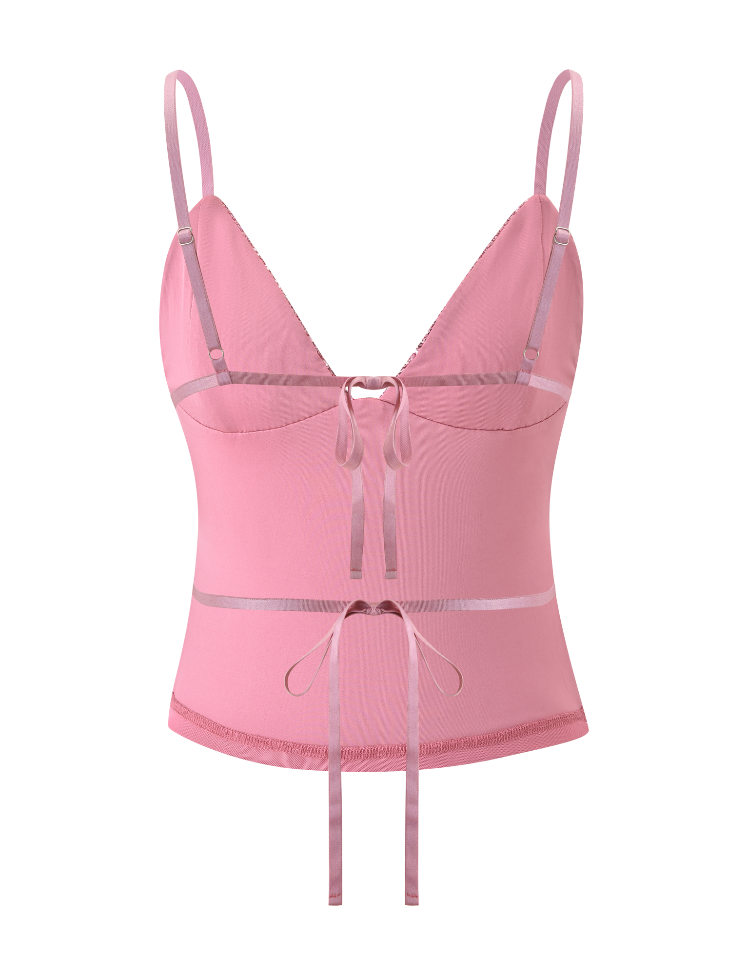 The SYLA TOP - ROSE by TIGERMIST is a fitted, rose pink camisole with adjustable straps, two satin front bows, satin trim, a slight V-neckline, and a semi-sheer sleek feminine design.