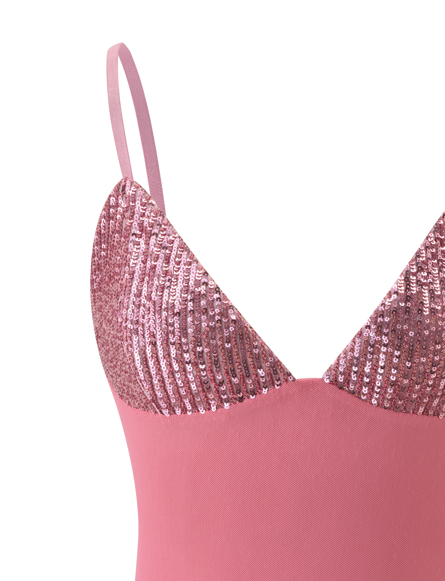 Close-up of the SYLA TOP - ROSE by TIGERMIST, featuring rose pink sequins, a semi-sheer smooth lower panel, and adjustable straps, shown against a plain white background.