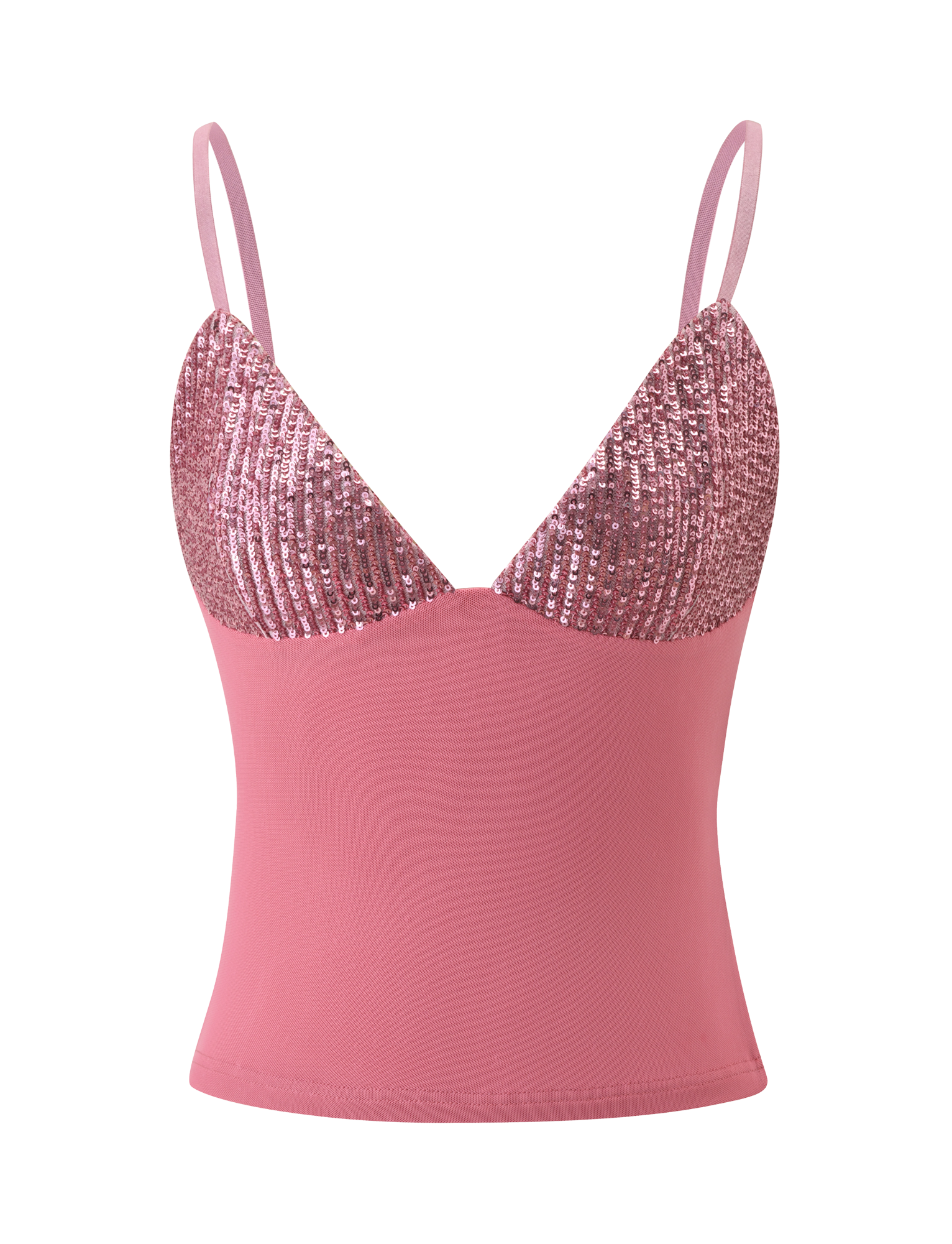 The SYLA TOP - ROSE by TIGERMIST features rose pink sequins, adjustable shoulder straps, and a semi-sheer sequined bust, displayed on a plain white background.