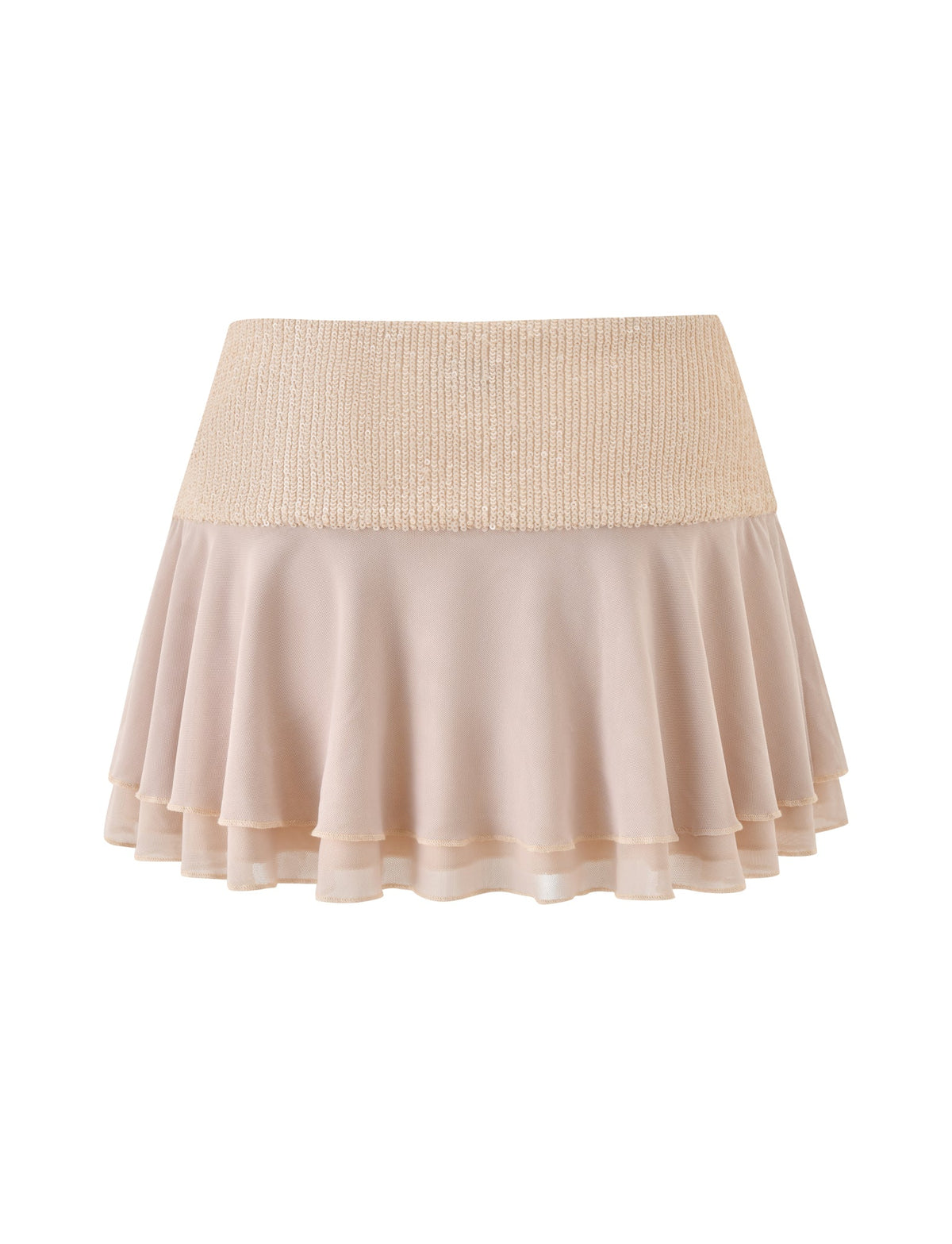 The SYLA MINI SKIRT - OAT by TIGERMIST features a beige oat cream hue, a wide textured waistband, and soft, flowing fabric in a tiered flounce silhouette, displayed against a white background.