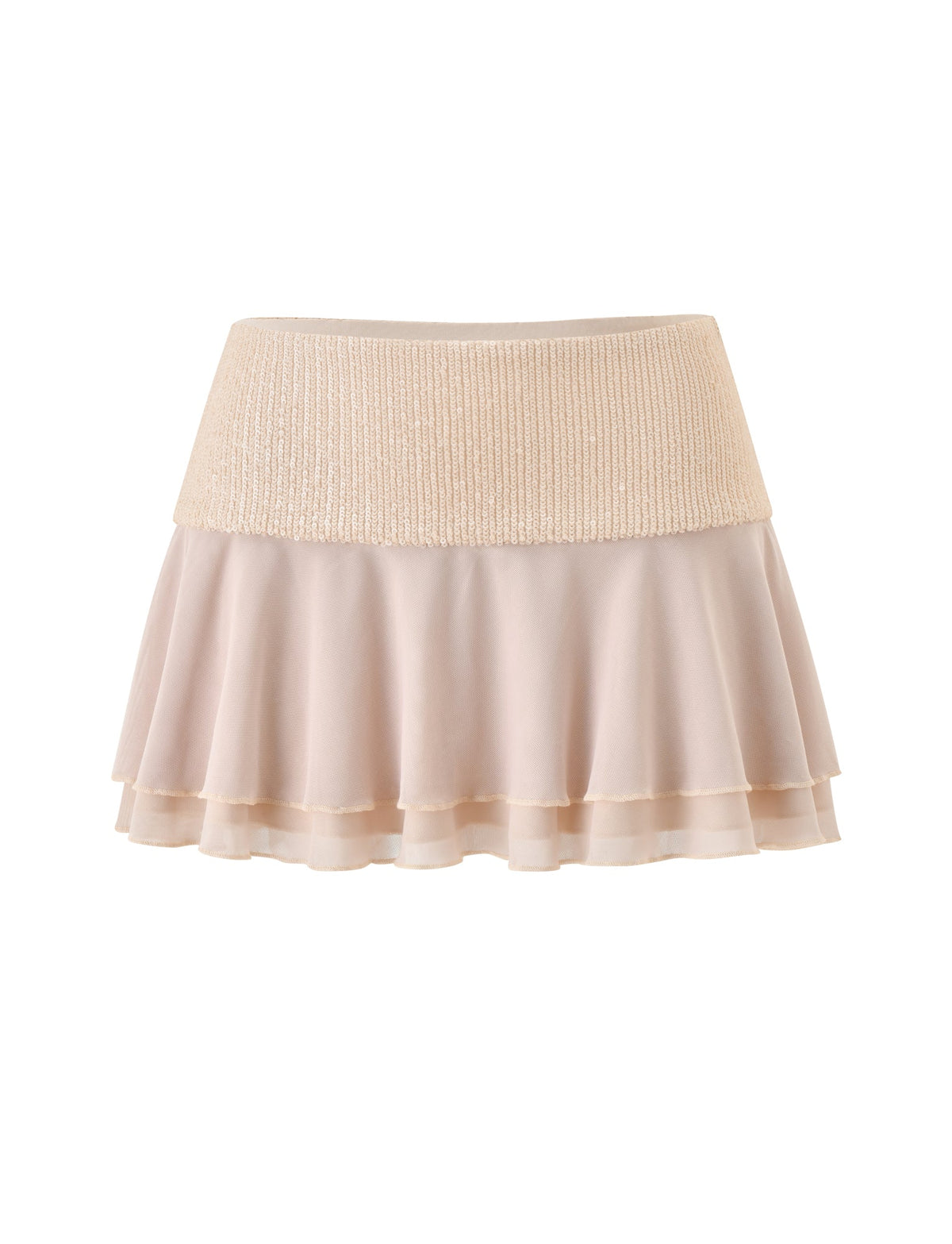 The SYLA MINI SKIRT - OAT by TIGERMIST features a light oat cream hue, crafted in layered chiffon with a wide, textured waistband and gentle tiered flounce. This mini skirt has a soft, flowing look with a slightly flared hem for an airy and delicate appearance.