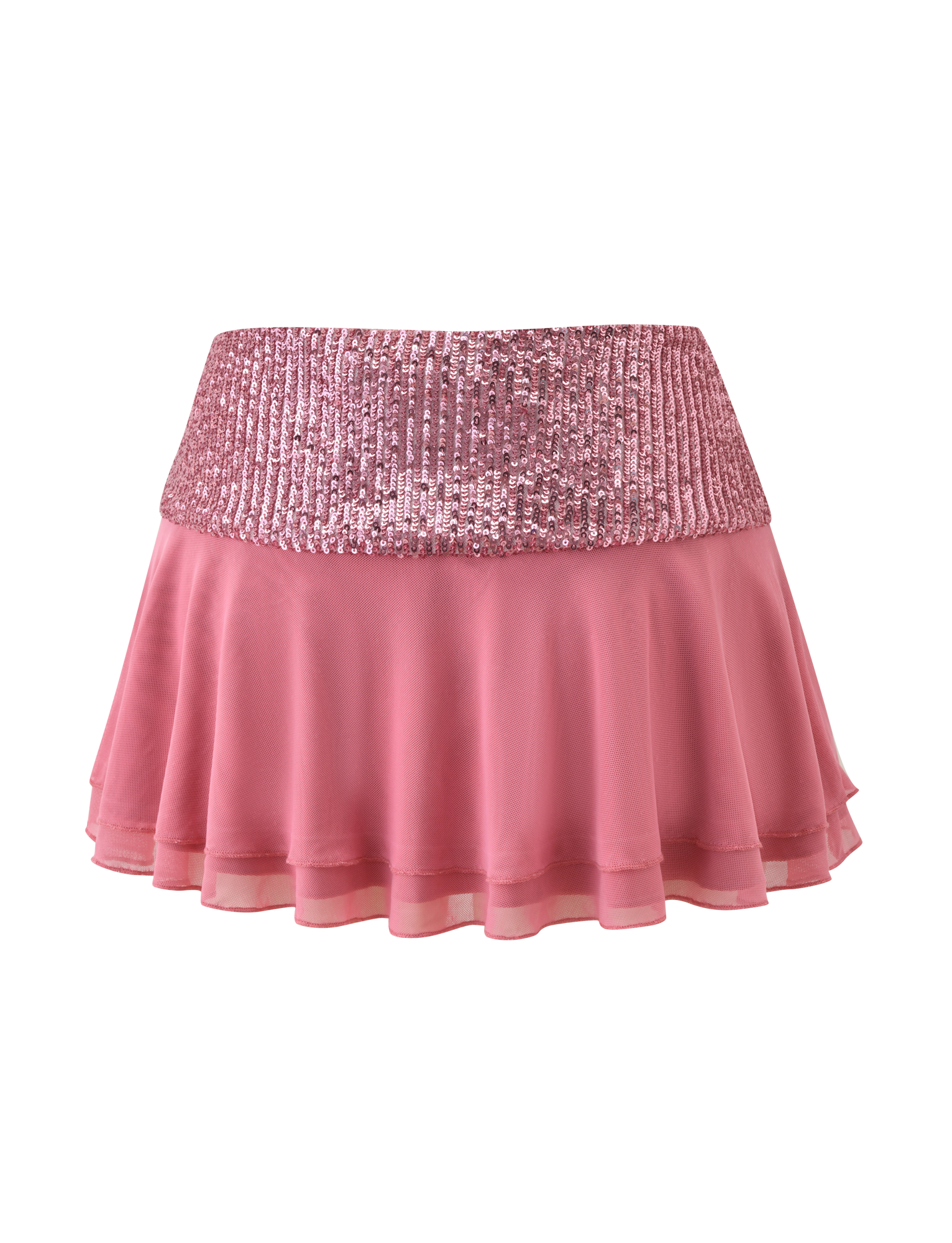 The SYLA MINI SKIRT - ROSE by TIGERMIST is a rose pink sequin mini skirt with a wide contrast sequin waistband and flowy, tiered flounce chiffon bottom, shown against a plain white background.