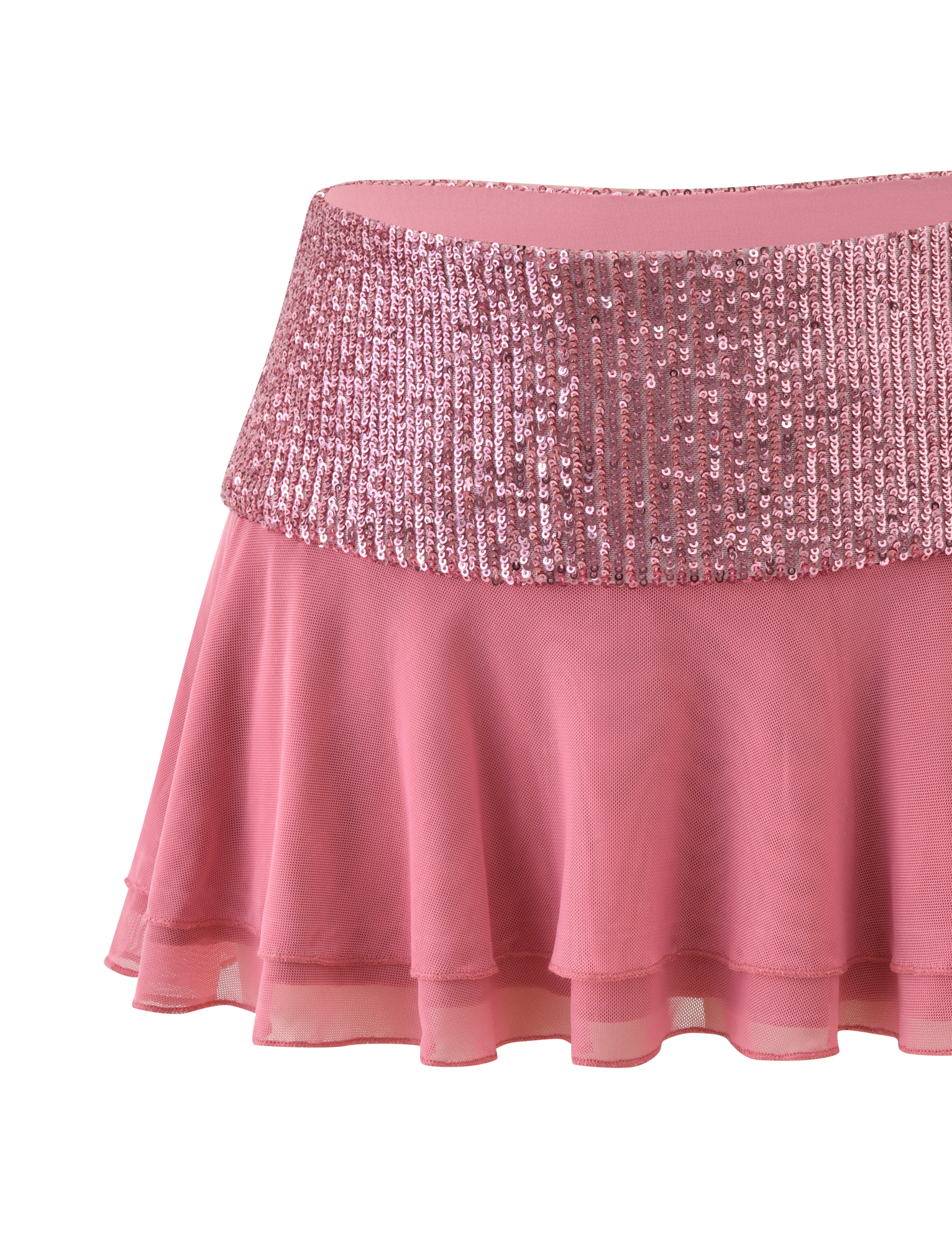 The SYLA MINI SKIRT - ROSE by TIGERMIST is a rose pink sequin mini skirt with a wide contrast waistband and flared sheer layered hem, shown against a white background.