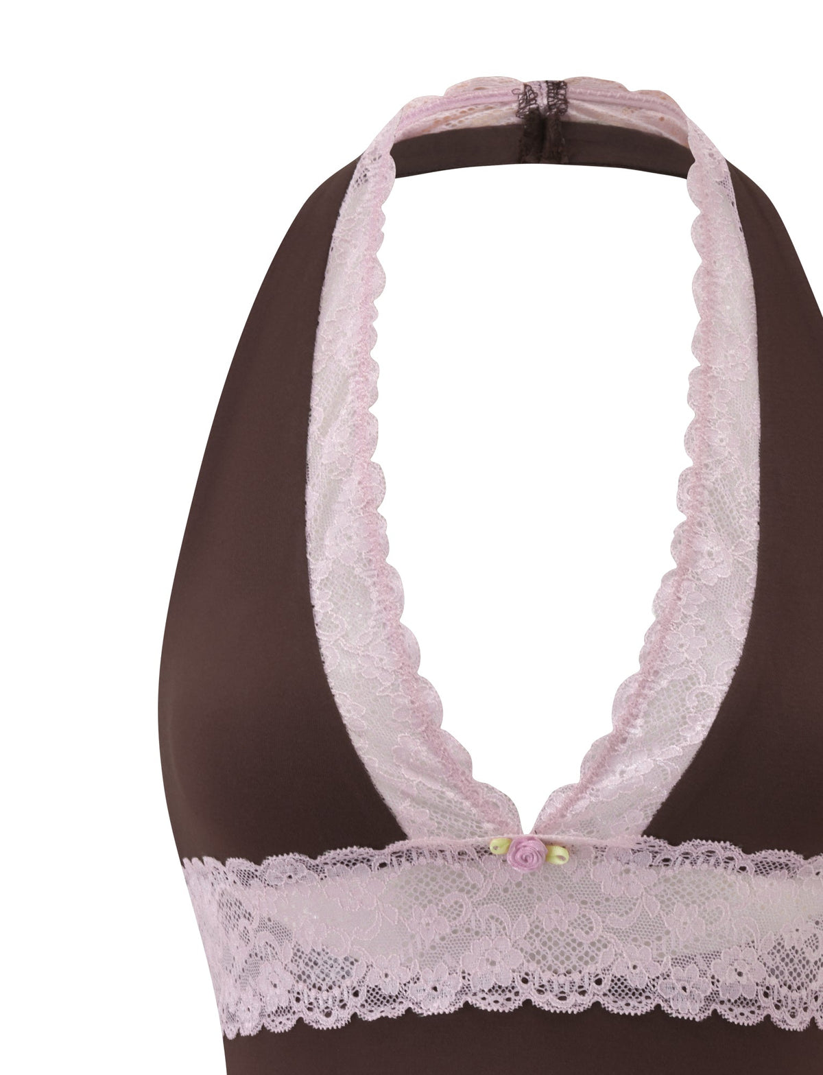 CALINA PLUNGE LACE TOP - CHOCOLATE halter-neck top featuring a deep V-neckline trimmed with light pink lace and a small floral detail at the center.